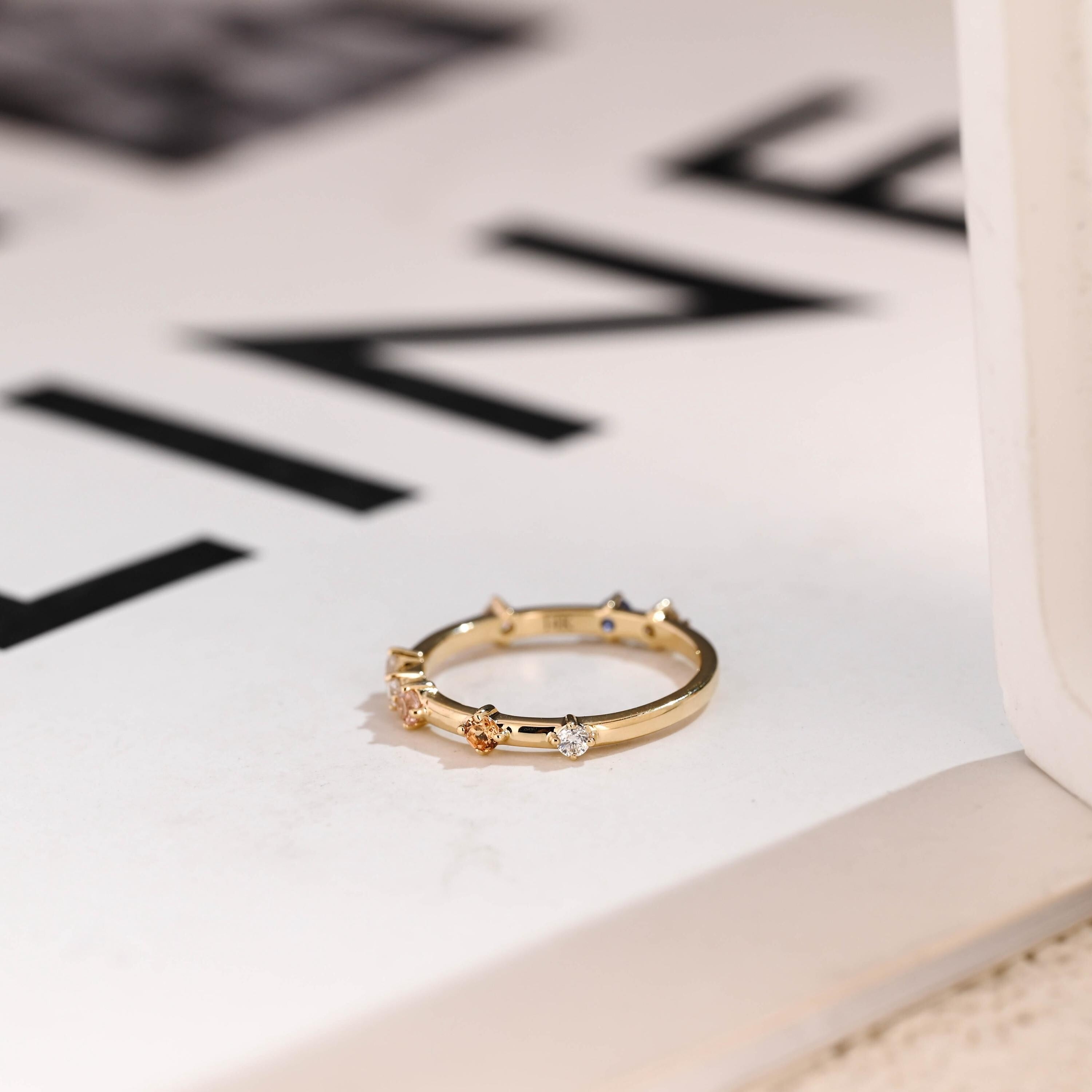 Dainty Solid Gold Ring with Gemstones, Minimalist Stacking Ring