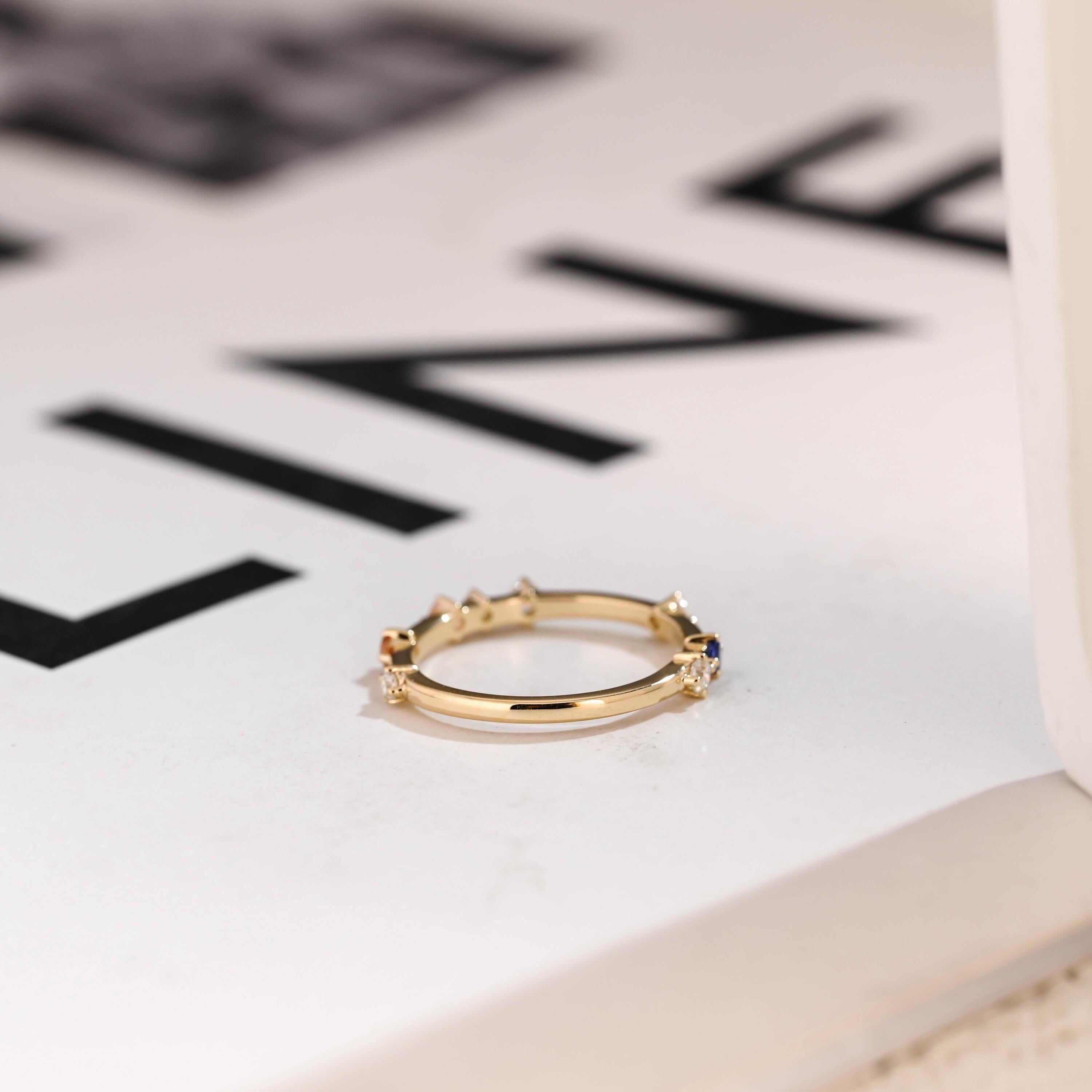 Dainty Solid Gold Ring with Gemstones, Minimalist Stacking Ring