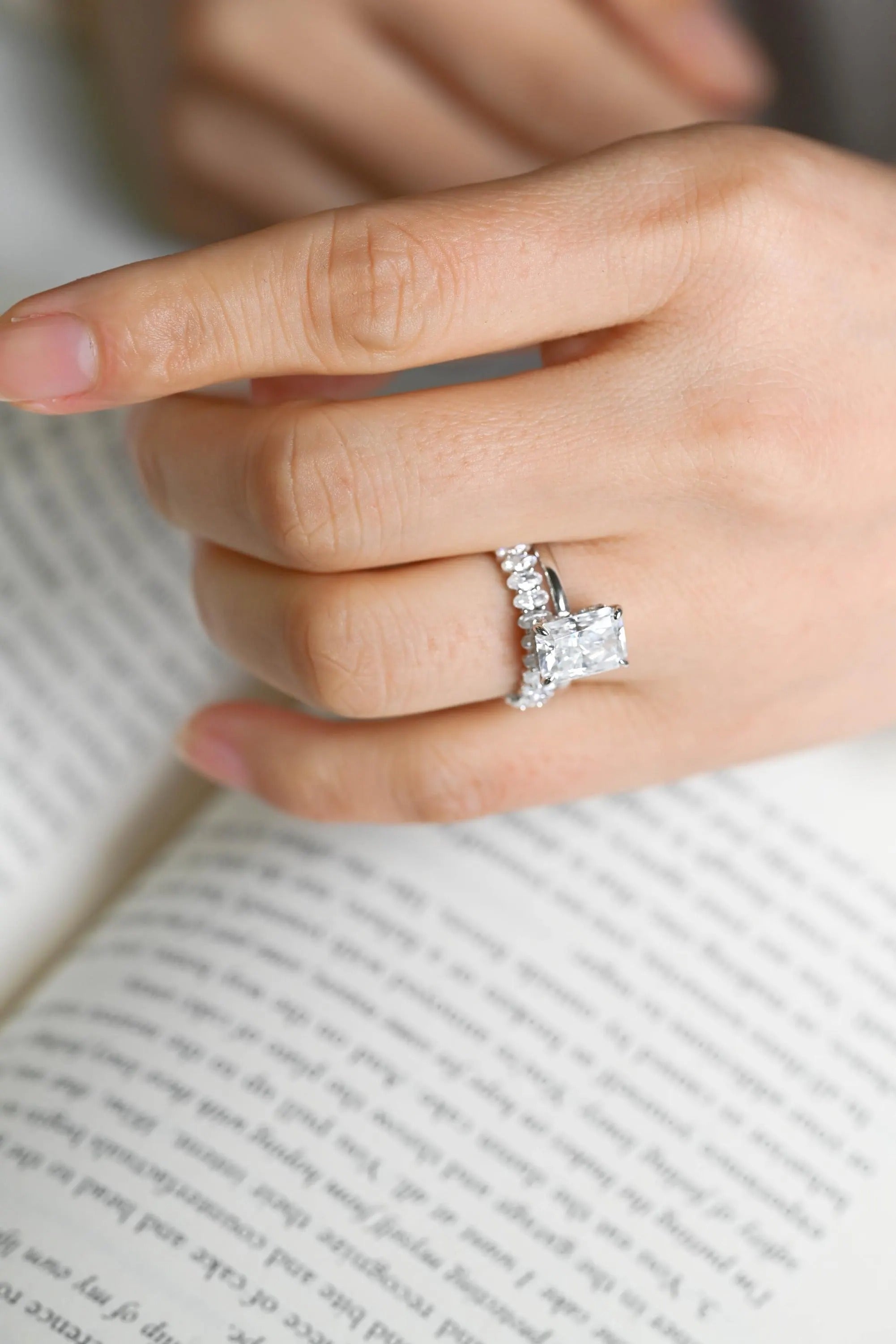 Solid Gold Crushed Ice Radiant Moissanite Wedding Band Set