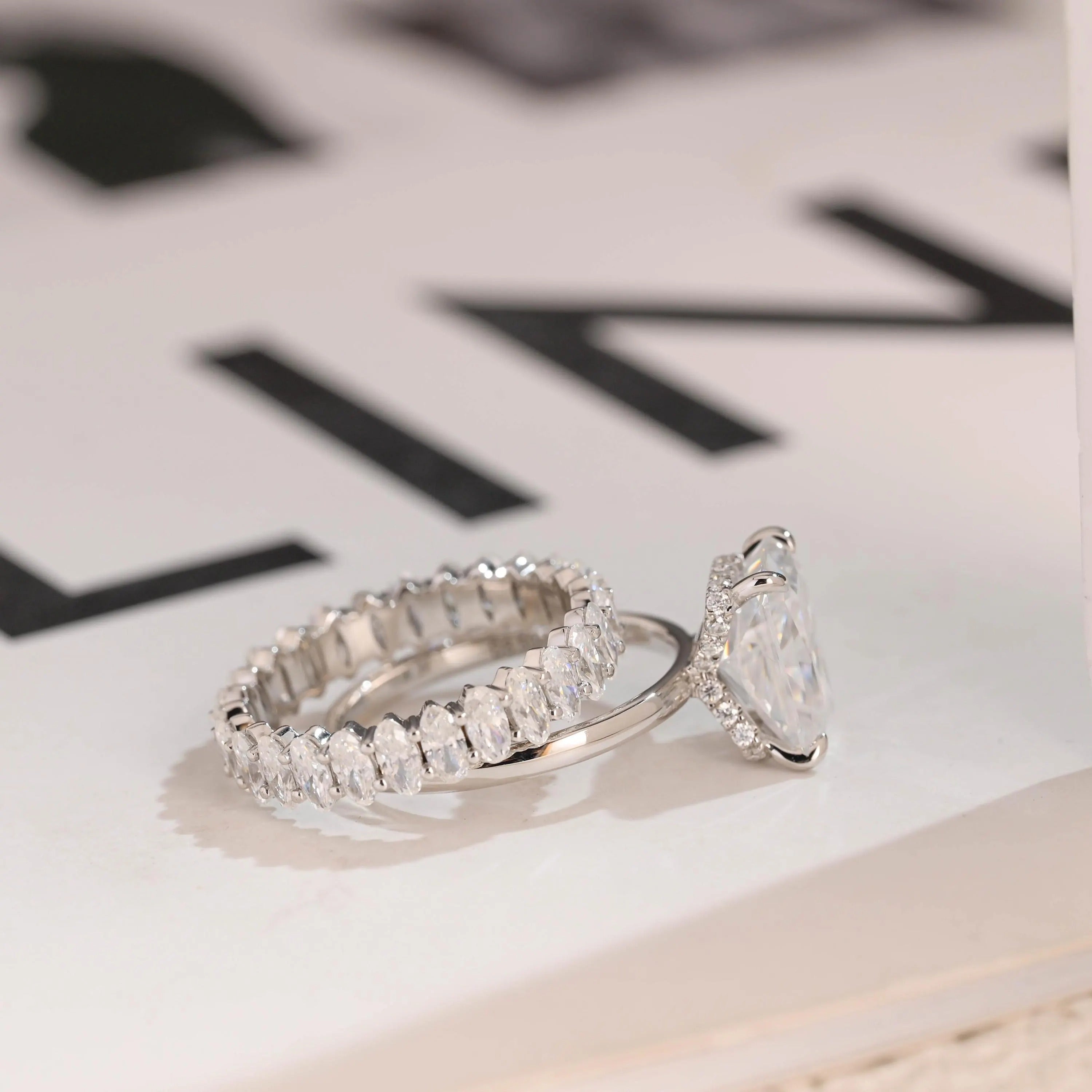 Solid Gold Crushed Ice Radiant Moissanite Wedding Band Set