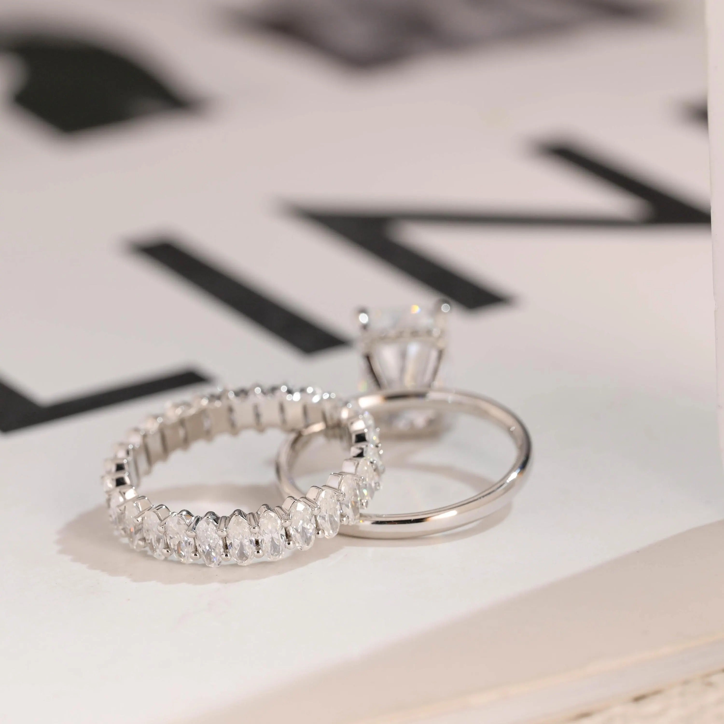 Solid Gold Crushed Ice Radiant Moissanite Wedding Band Set