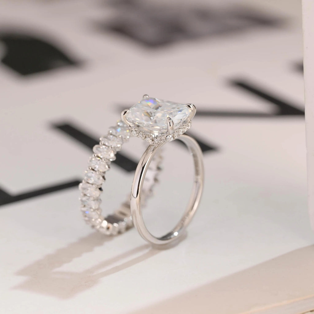 Solid Gold Crushed Ice Radiant Moissanite Wedding Band Set