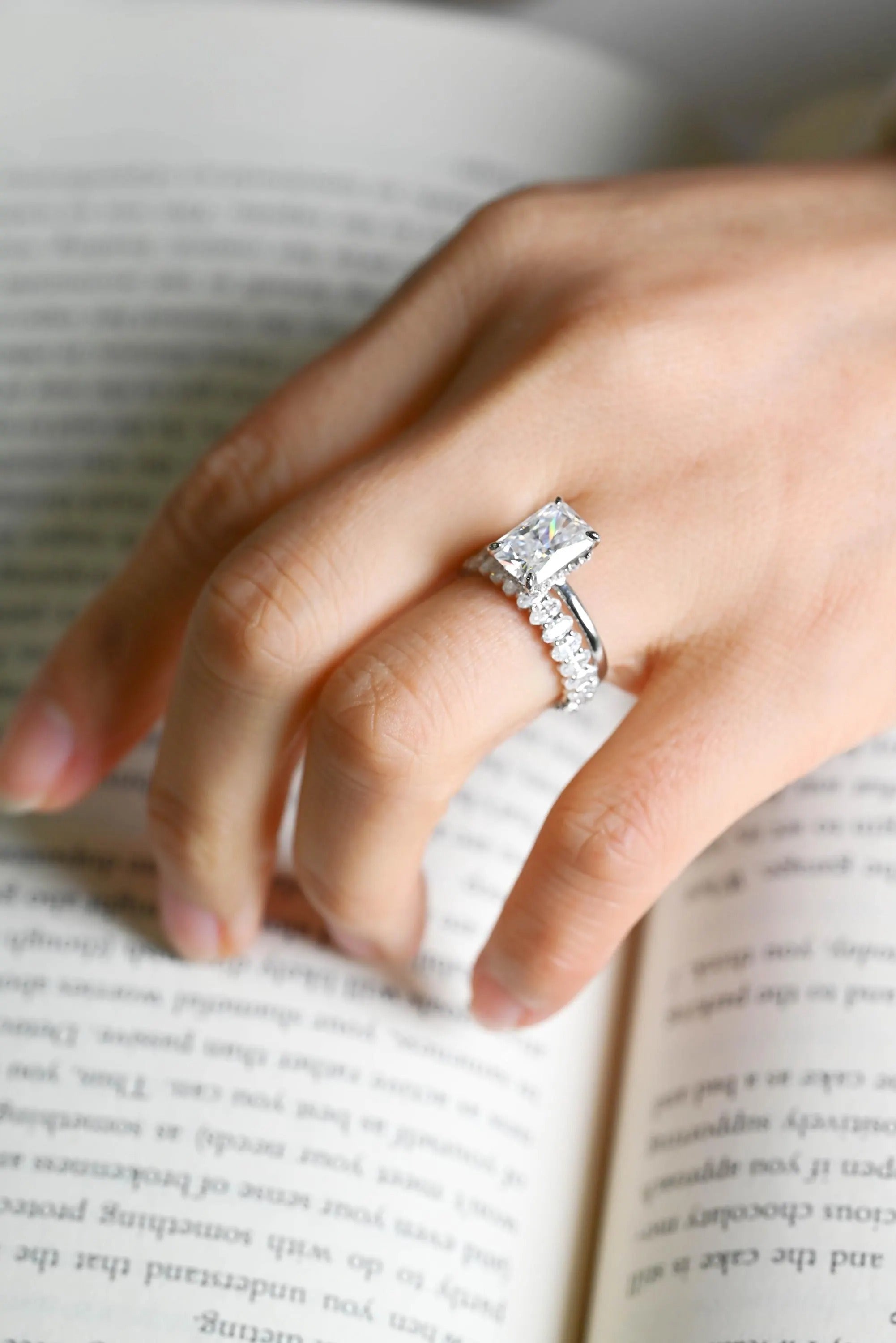 Solid Gold Crushed Ice Radiant Moissanite Wedding Band Set