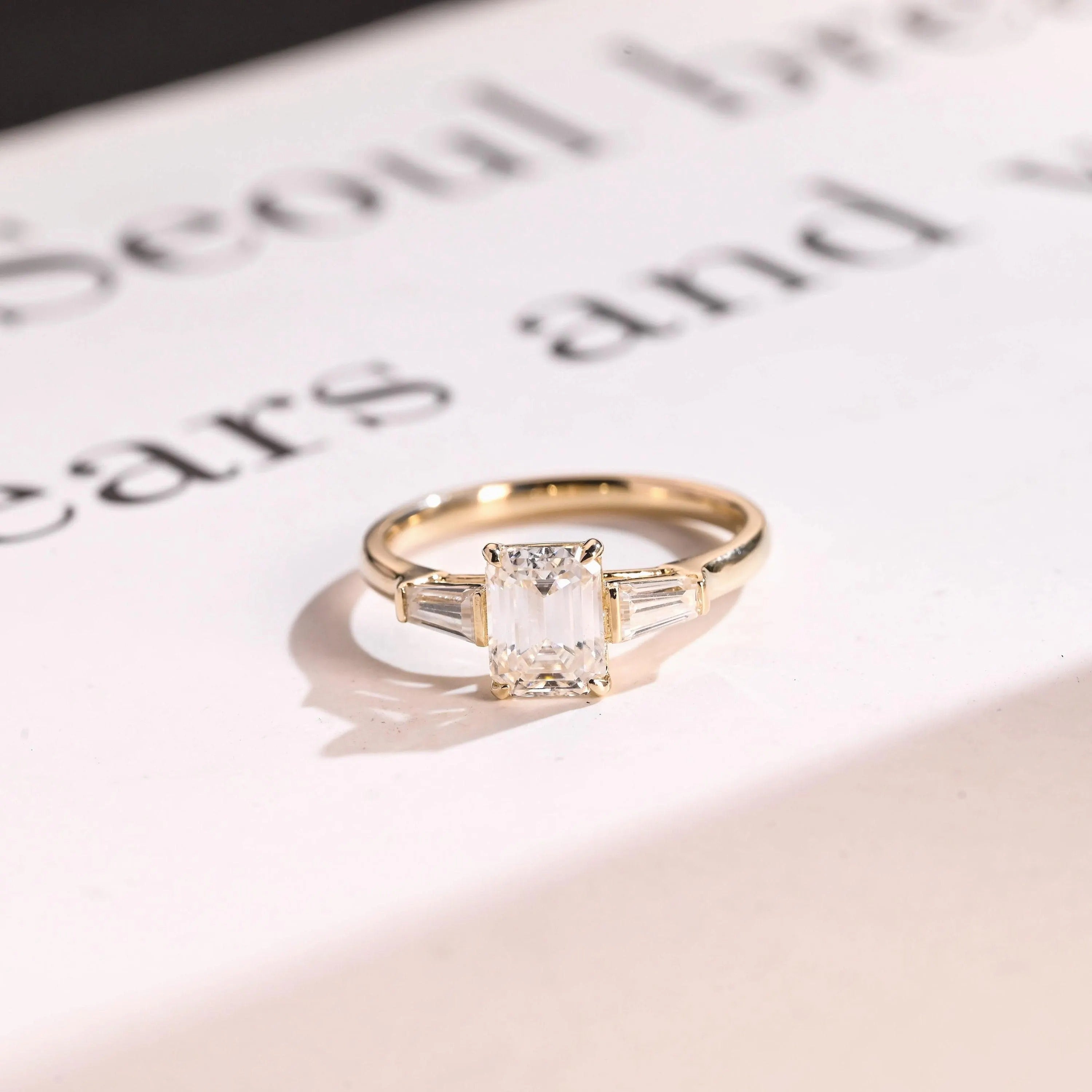 Solid Gold Emerald Moissanite Engagement Ring, Three Stone Ring Main image