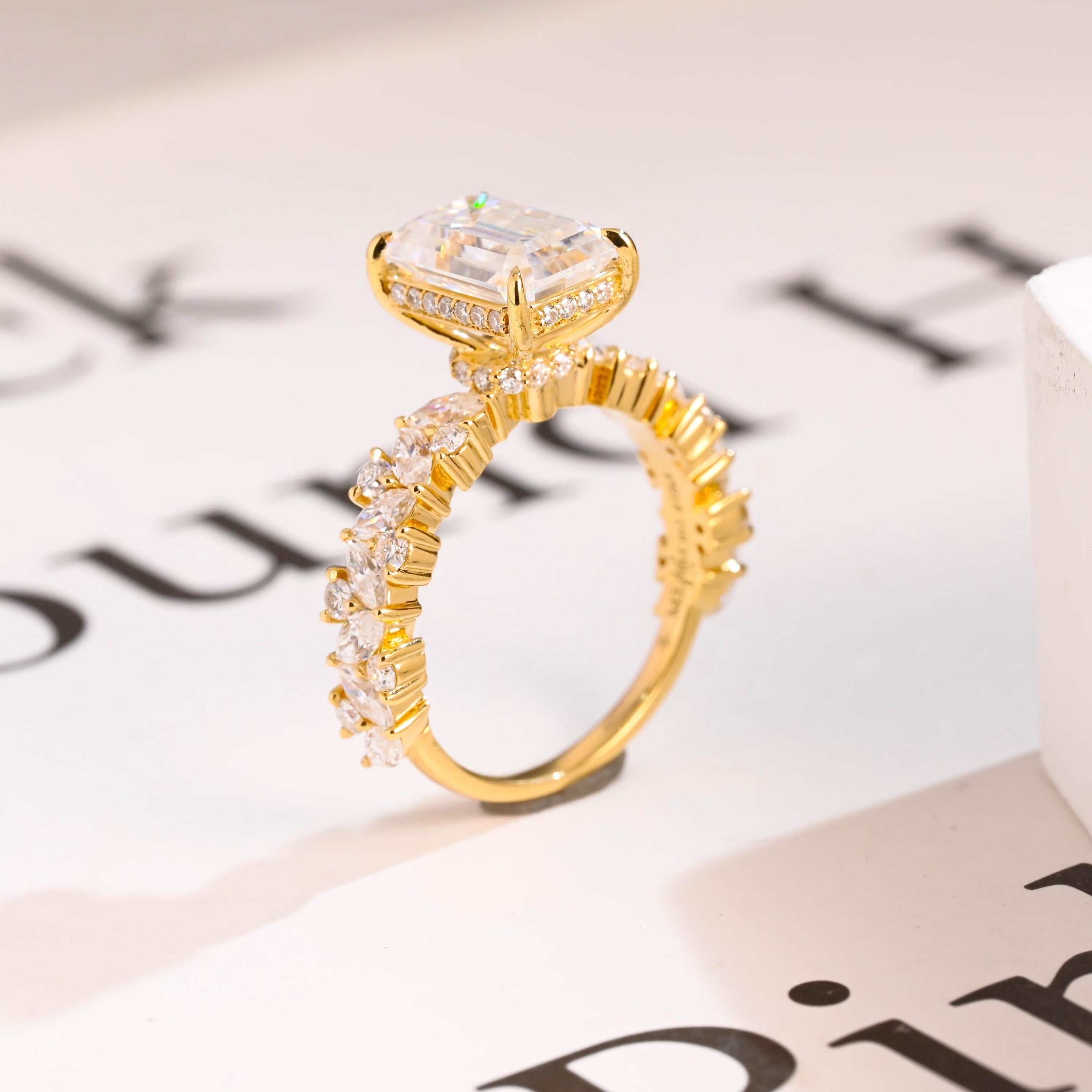 Solid Gold Emerald Cut Moissanite Engagement Ring, Proposal Ring