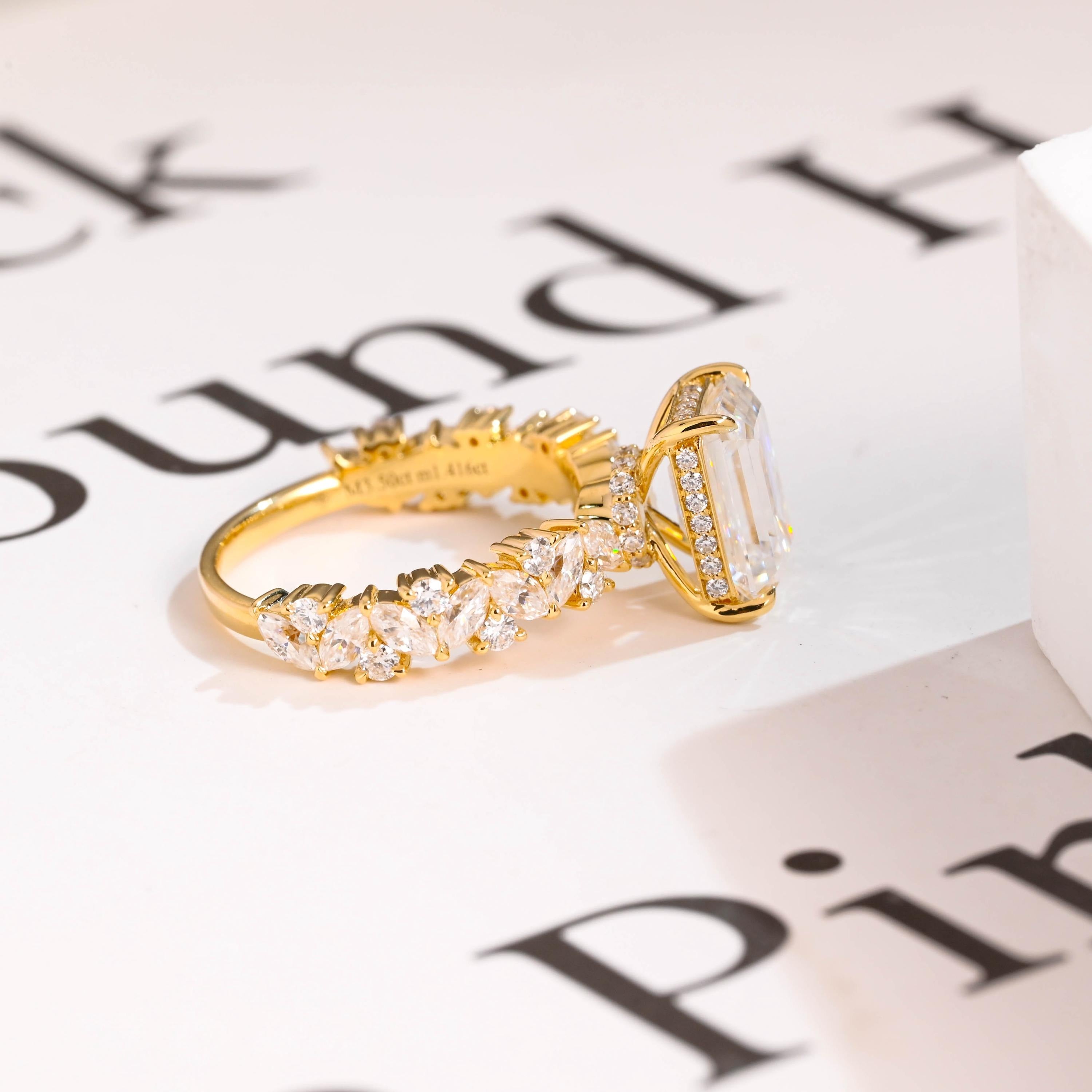 Solid Gold Emerald Cut Moissanite Engagement Ring, Proposal Ring