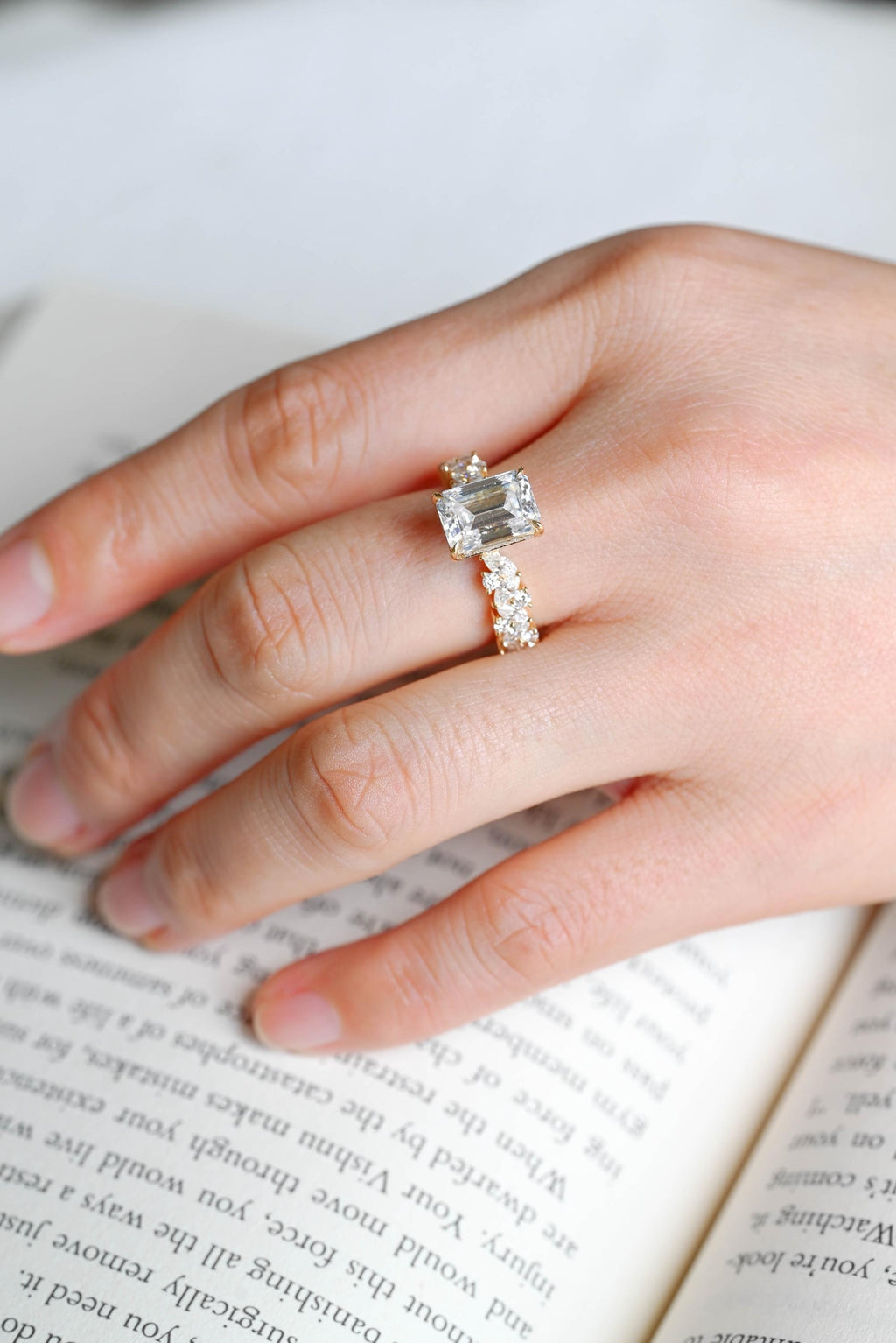 Solid Gold Emerald Cut Moissanite Engagement Ring, Proposal Ring