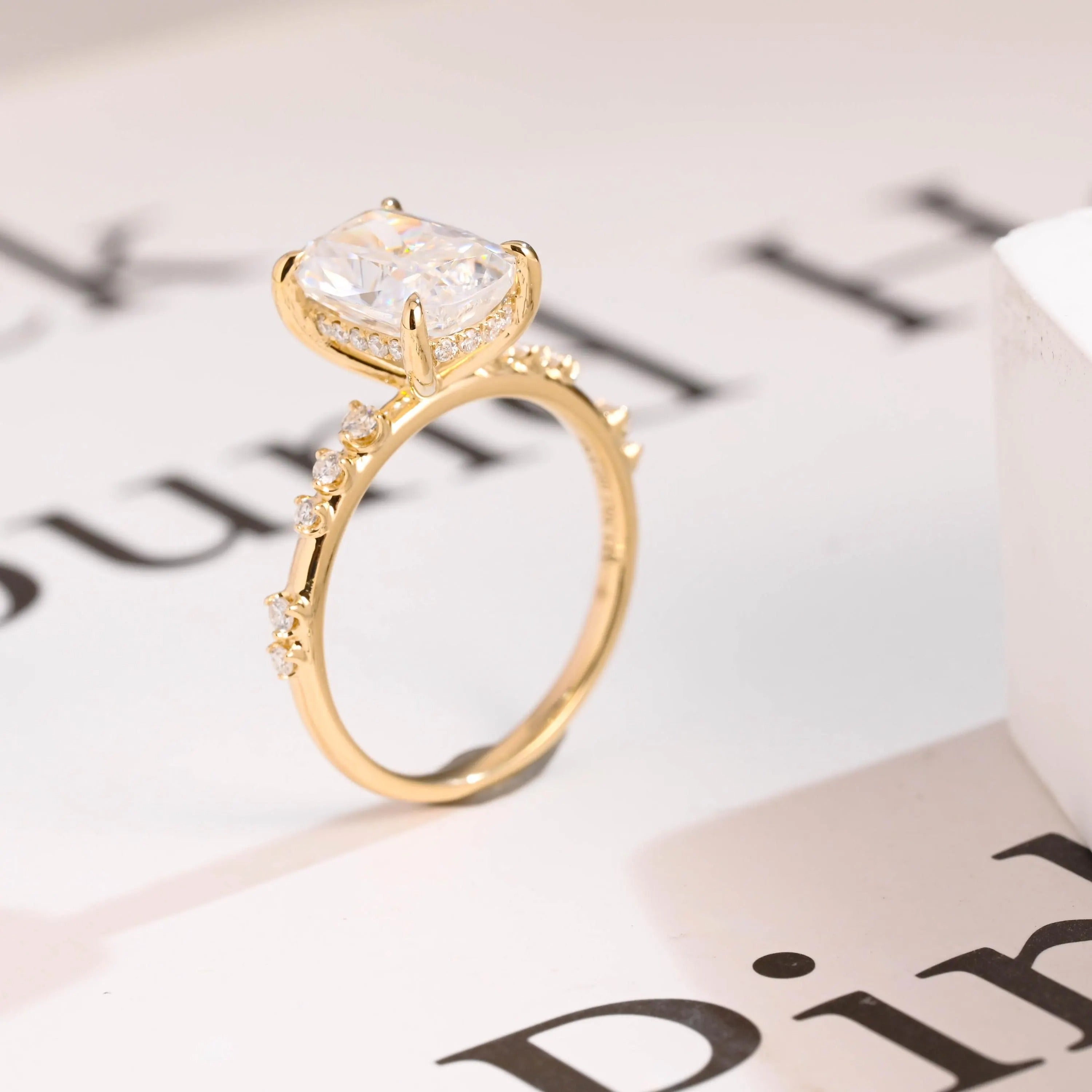 Solid Gold Crushed Ice Elongated Cushion Moissanite Engagement Ring, Anniversary Gift