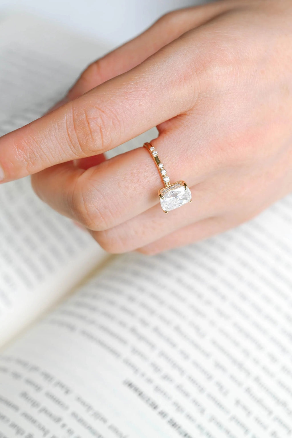 Solid Gold Crushed Ice Elongated Cushion Moissanite Engagement Ring, Anniversary Gift