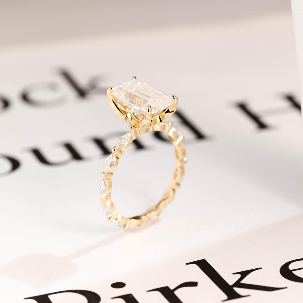Solid Gold Elongated-Emerald Cut Moissanite Engagement Ring, Eternity Pave Ring ONLY RING