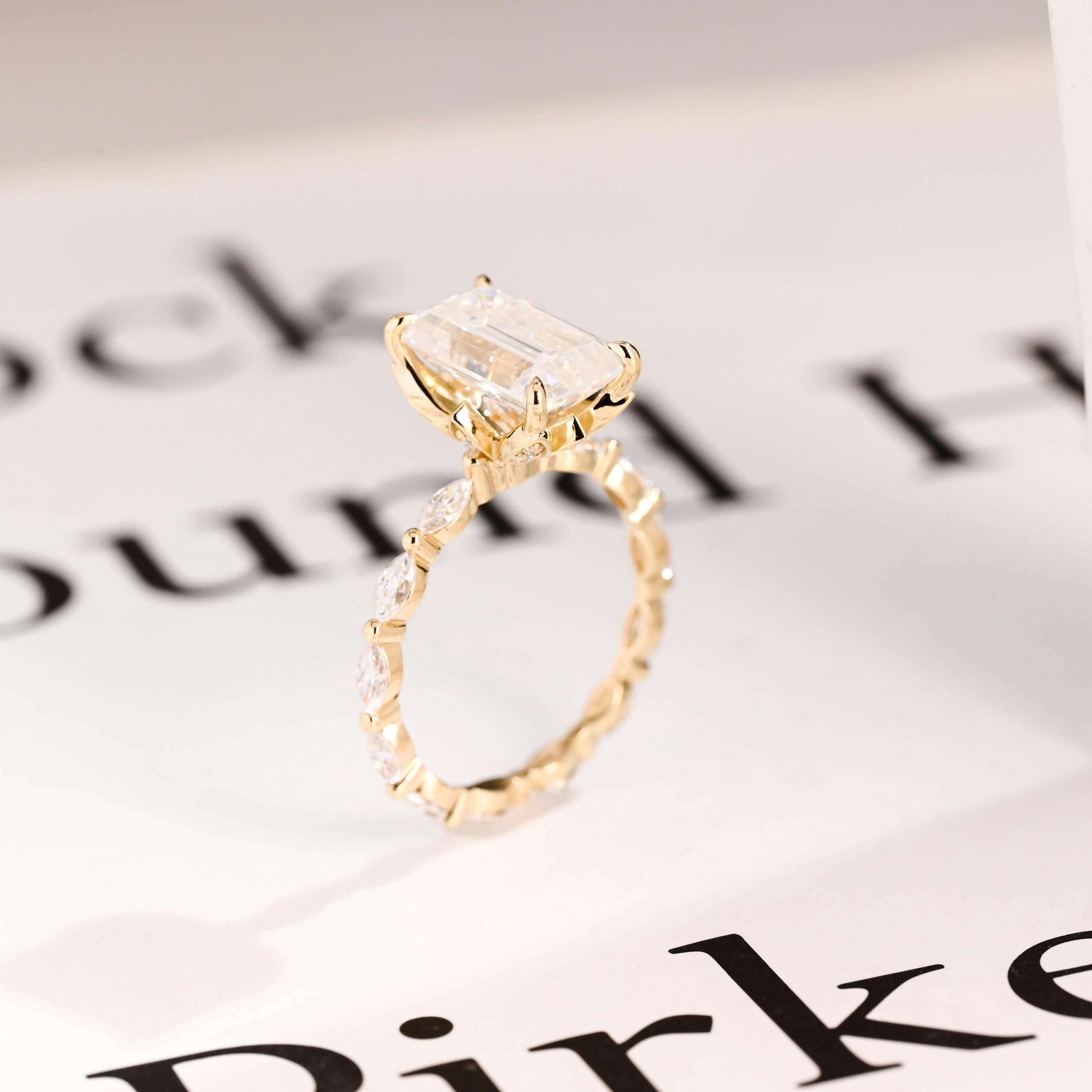 Solid Gold Elongated-Emerald Cut Moissanite Engagement Ring, Eternity Pave Ring ONLY RING