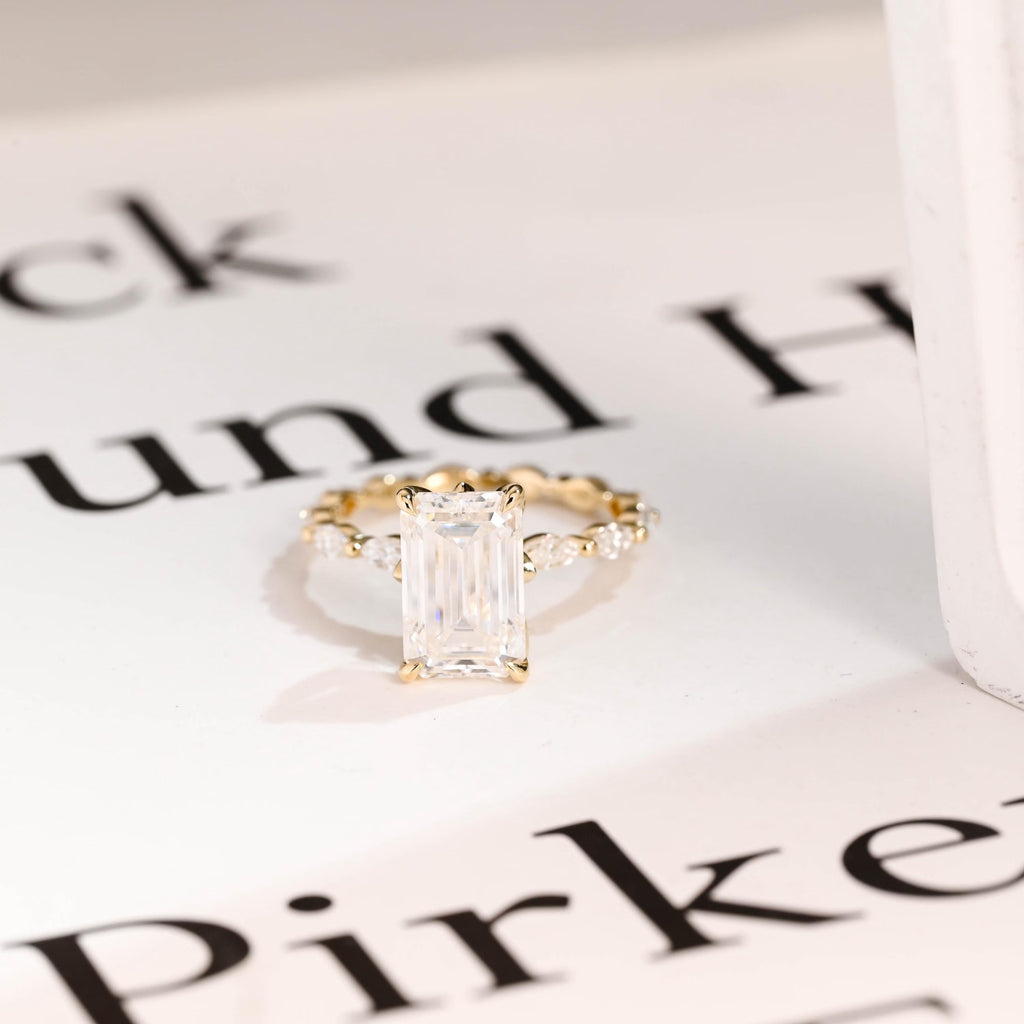 Solid Gold Elongated-Emerald Cut Moissanite Engagement Ring, Eternity Pave Ring ONLY RING