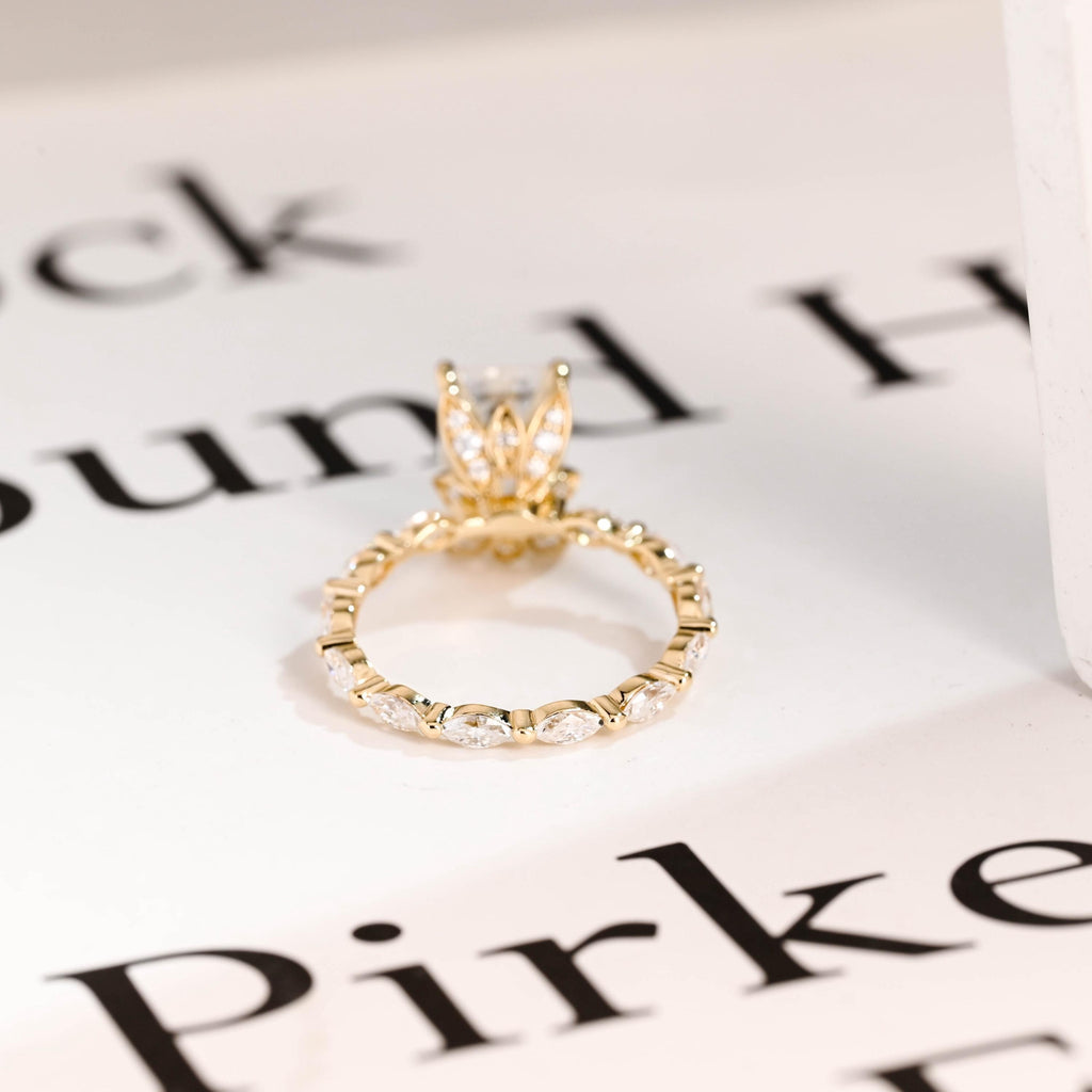 Solid Gold Elongated-Emerald Cut Moissanite Engagement Ring, Eternity Pave Ring ONLY RING
