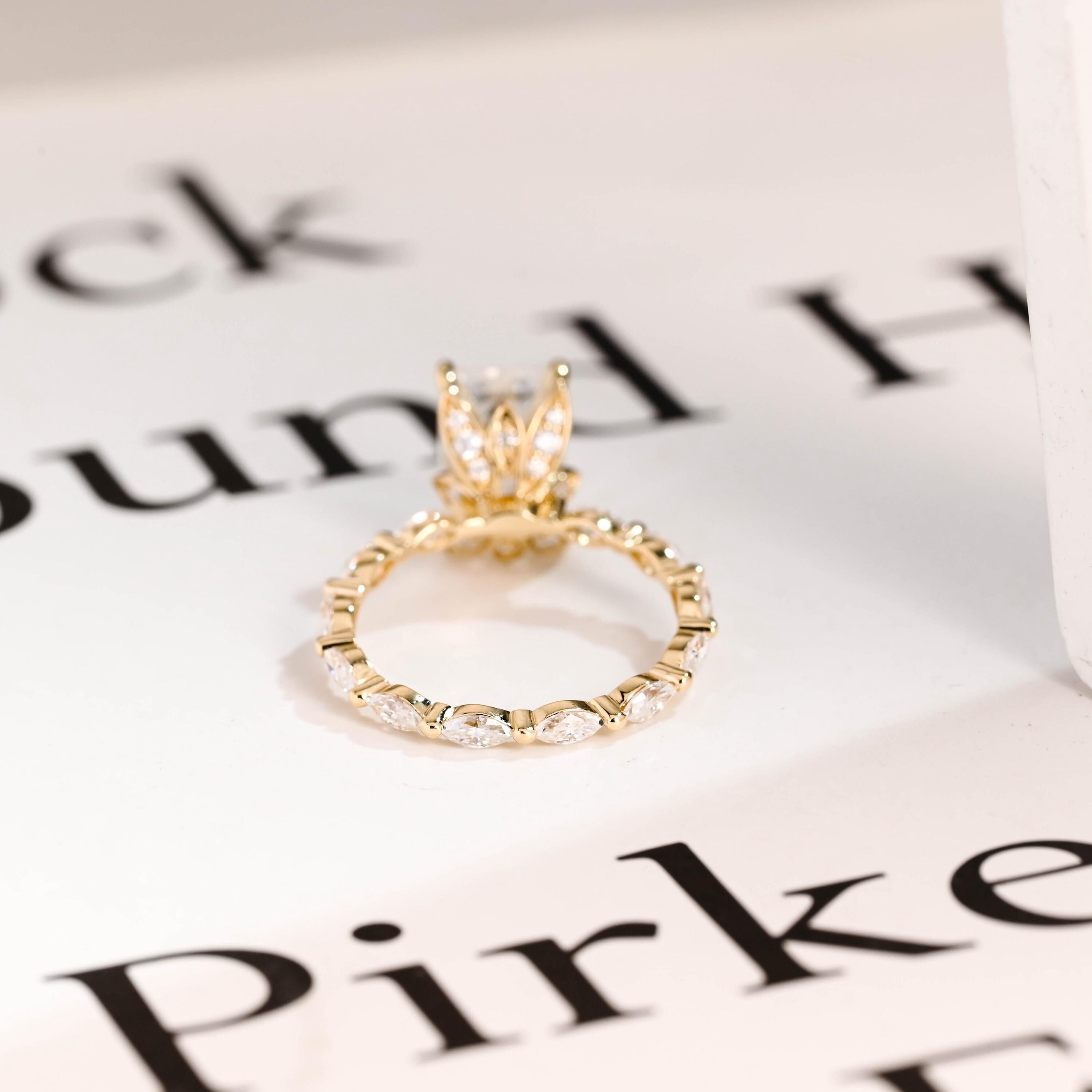 Solid Gold Elongated-Emerald Cut Moissanite Engagement Ring, Eternity Pave Ring ONLY RING