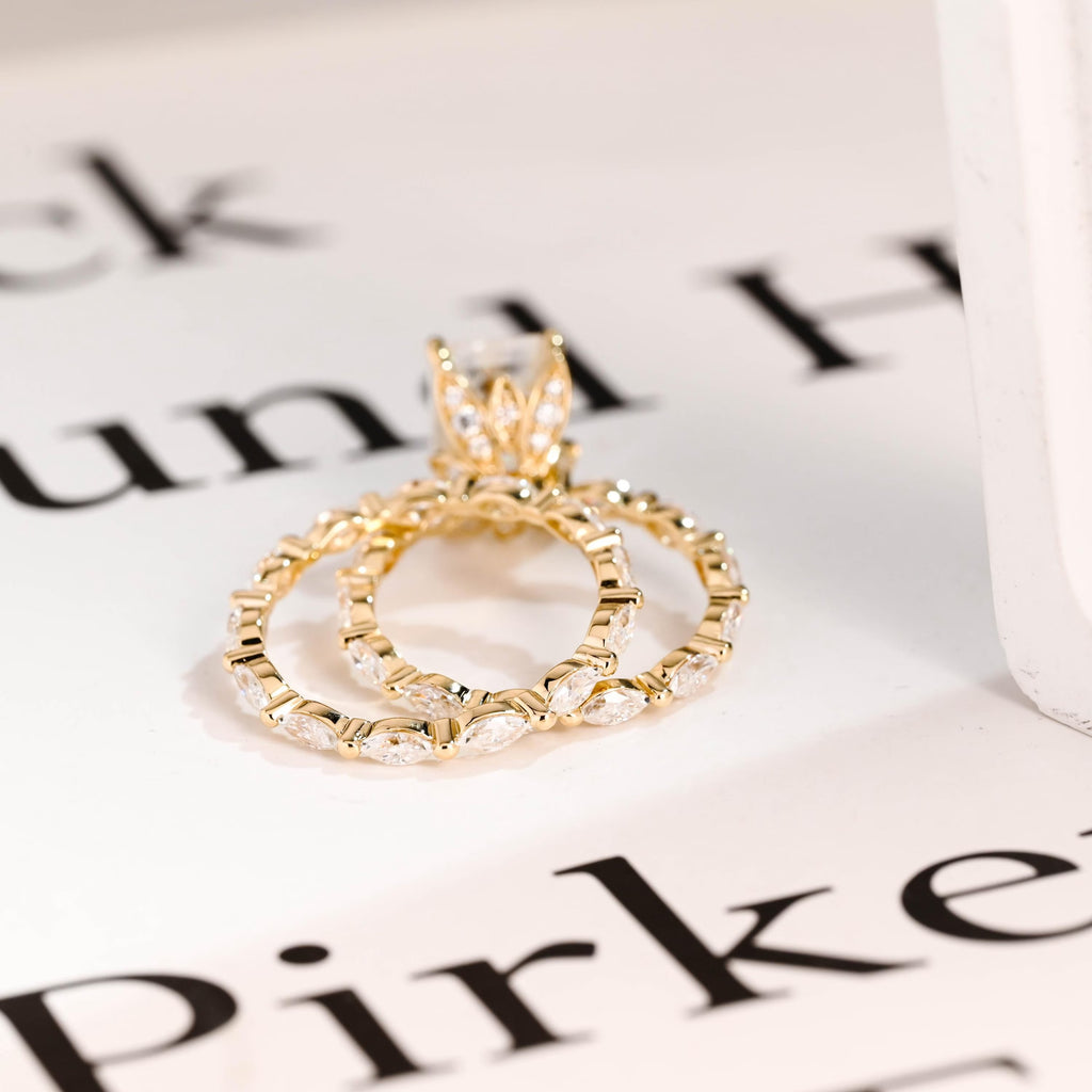 Solid Gold Elongated-Emerald Cut Moissanite Engagement Ring Set