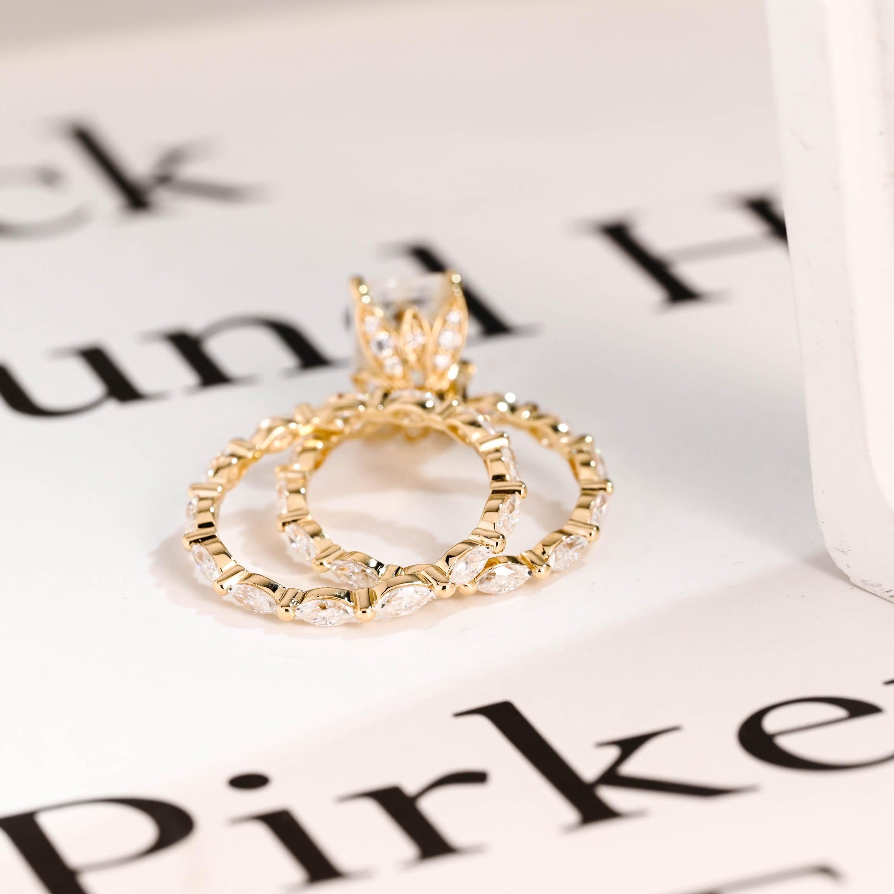 Solid Gold Elongated-Emerald Cut Moissanite Engagement Ring Set