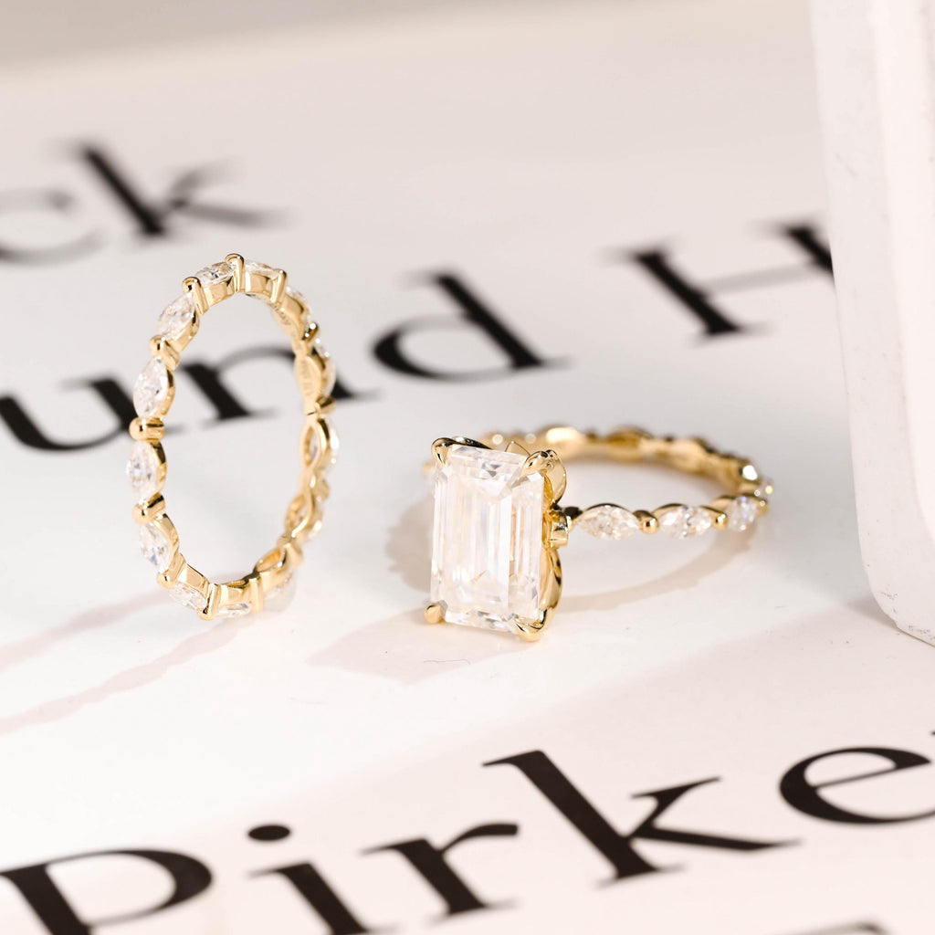Solid Gold Elongated-Emerald Cut Moissanite Engagement Ring Set