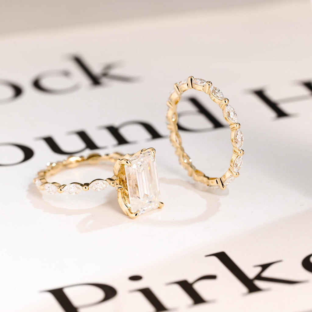Solid Gold Elongated-Emerald Cut Moissanite Engagement Ring Set