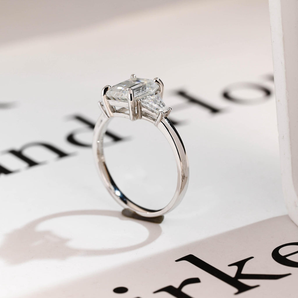 Solid Gold Emerald Cut Moissanite Engagement Ring With Trapezoid Accent, Three Stone Ring