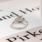 Solid Gold Emerald Cut Moissanite Engagement Ring With Trapezoid Accent, Three Stone Ring