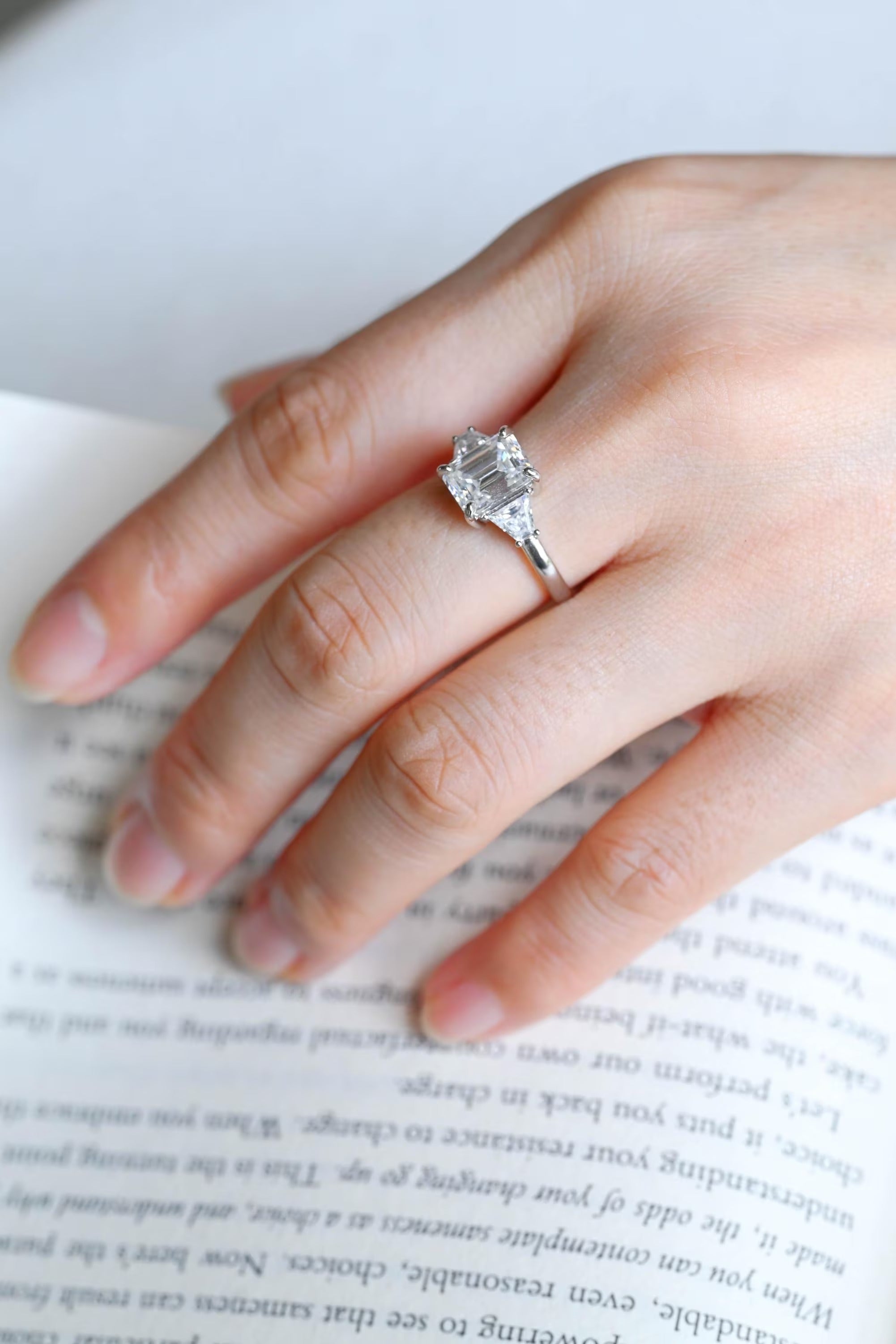 Solid Gold Emerald Cut Moissanite Engagement Ring With Trapezoid Accent, Three Stone Ring