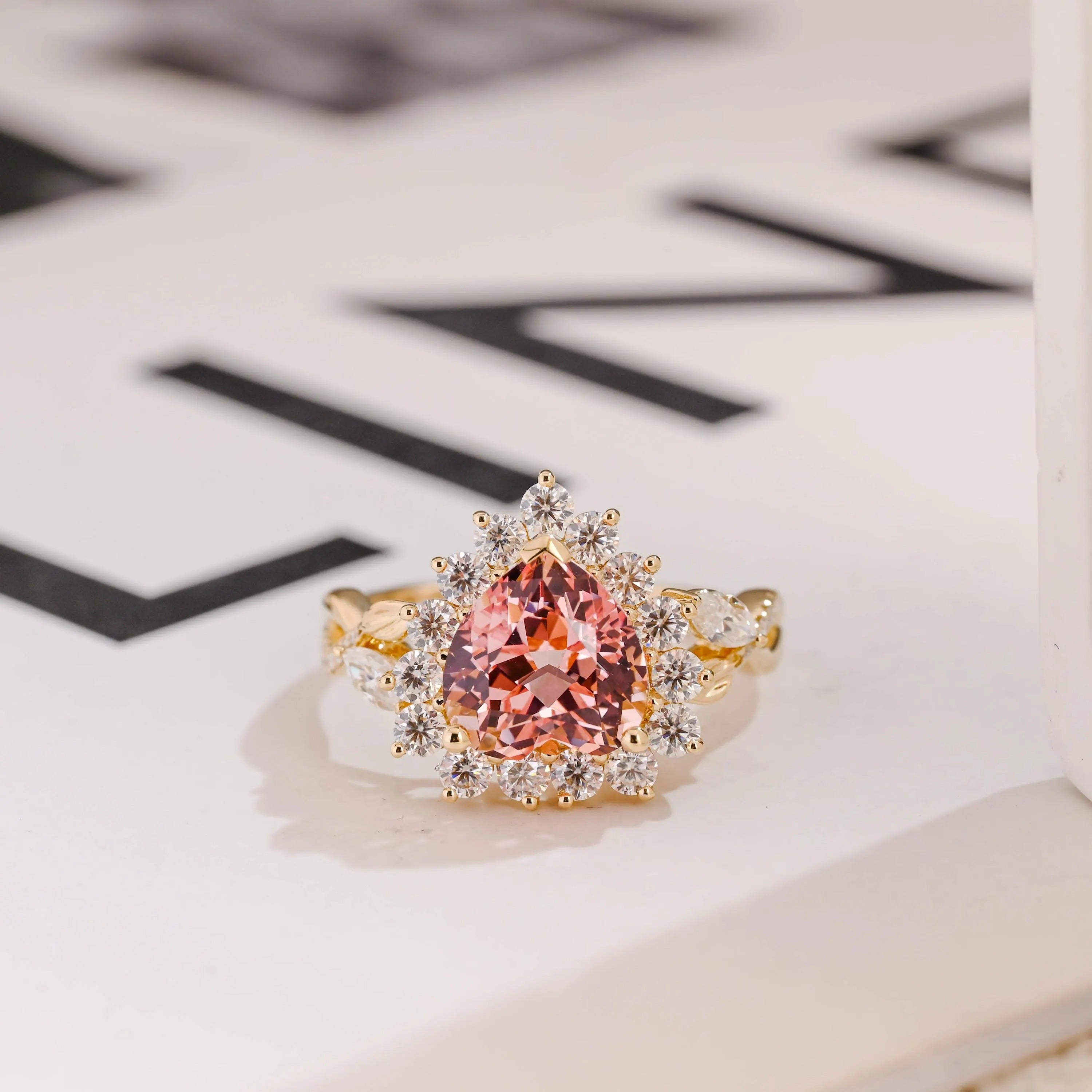 Solid Gold Heart Cut Pink Moissanite Sapphire Engagement Ring