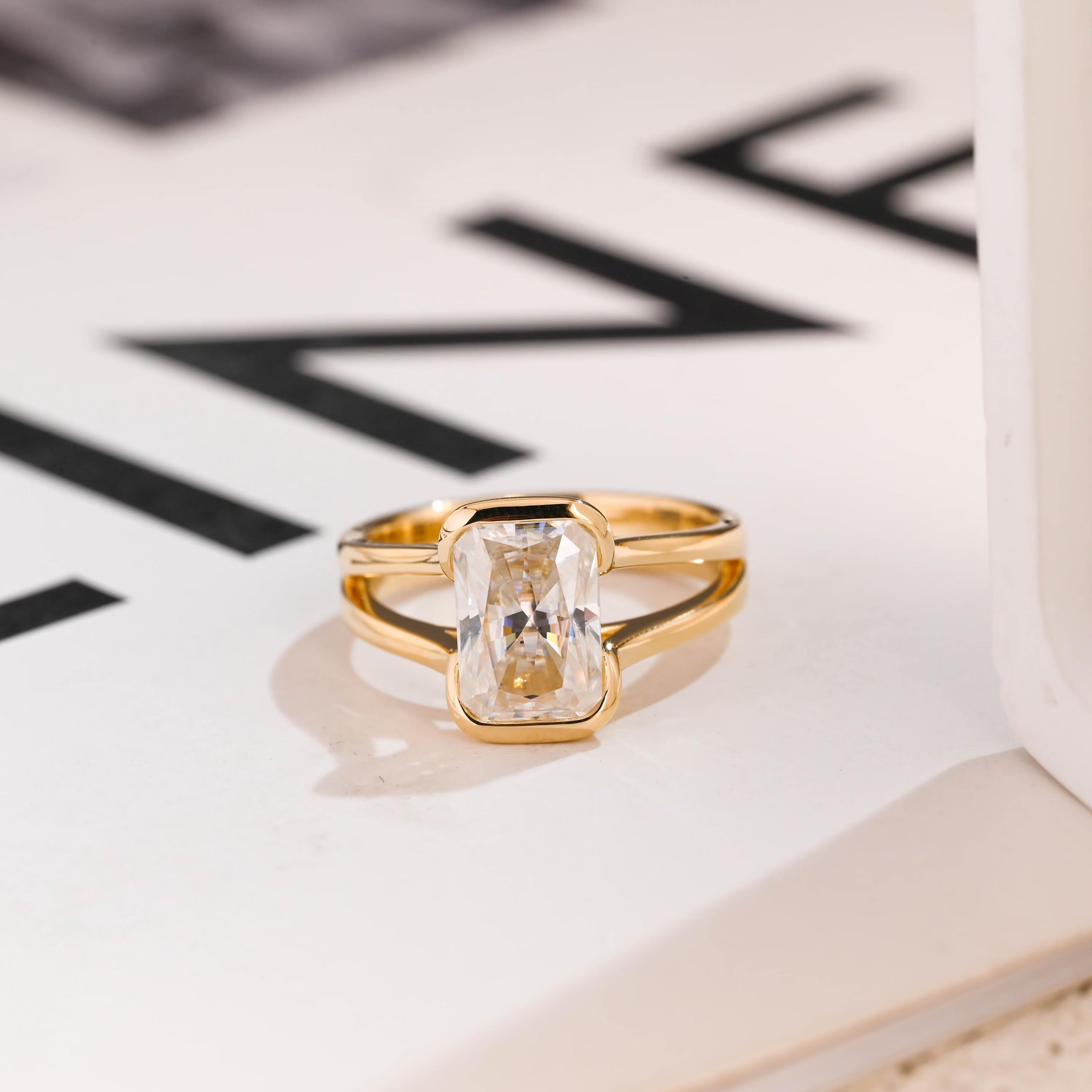 Solid Gold Radiant Cut Moissanite Bezel Engagement Ring, Split Shank Ring, Main image