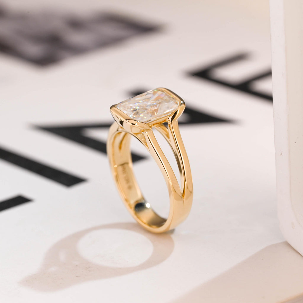 Solid Gold Radiant Cut Moissanite Bezel Engagement Ring, Split Shank Ring,