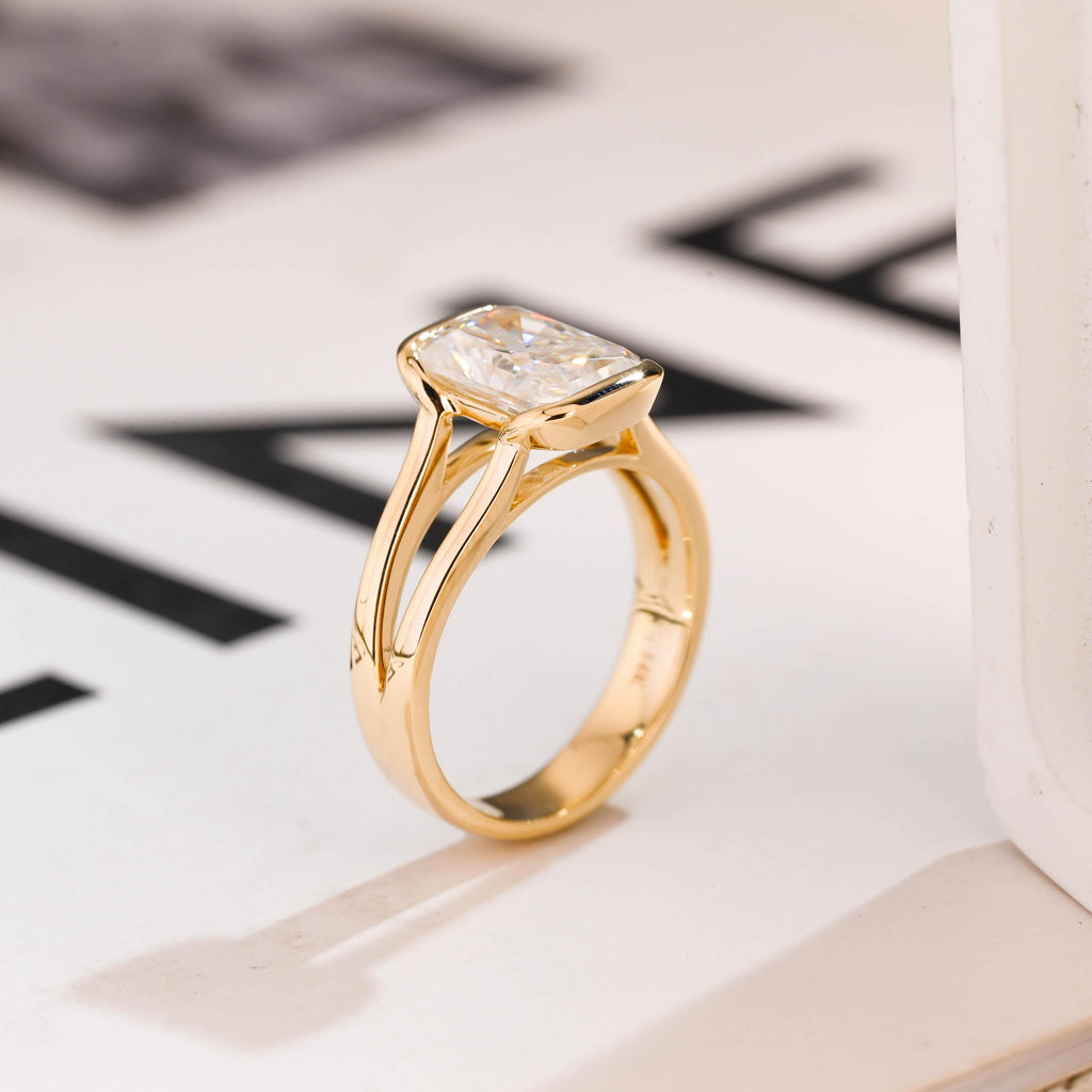 Solid Gold Radiant Cut Moissanite Bezel Engagement Ring, Split Shank Ring,