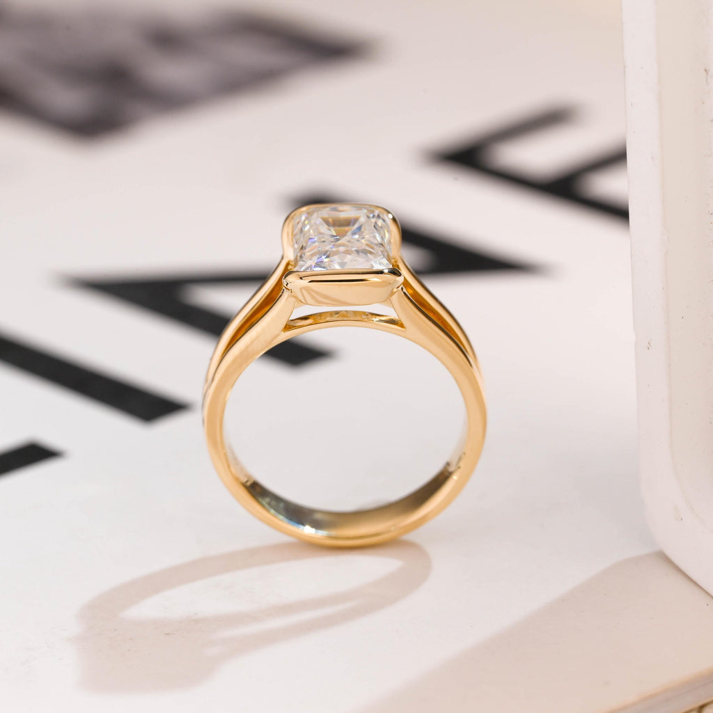 Solid Gold Radiant Cut Moissanite Bezel Engagement Ring, Split Shank Ring,
