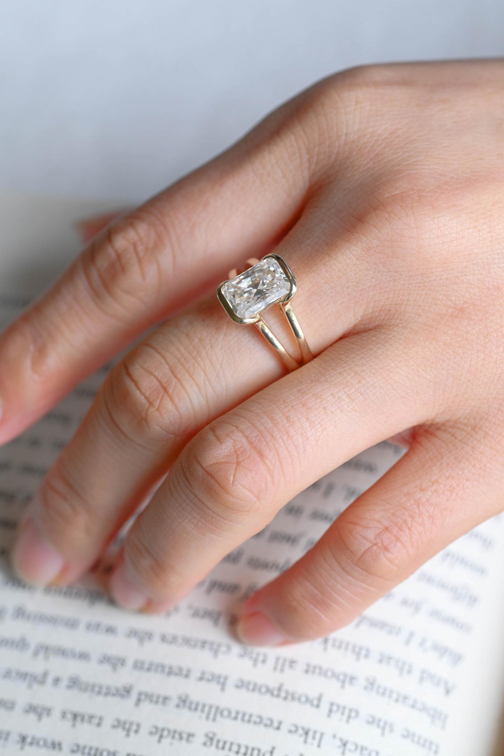 Solid Gold Radiant Cut Moissanite Bezel Engagement Ring, Split Shank Ring,