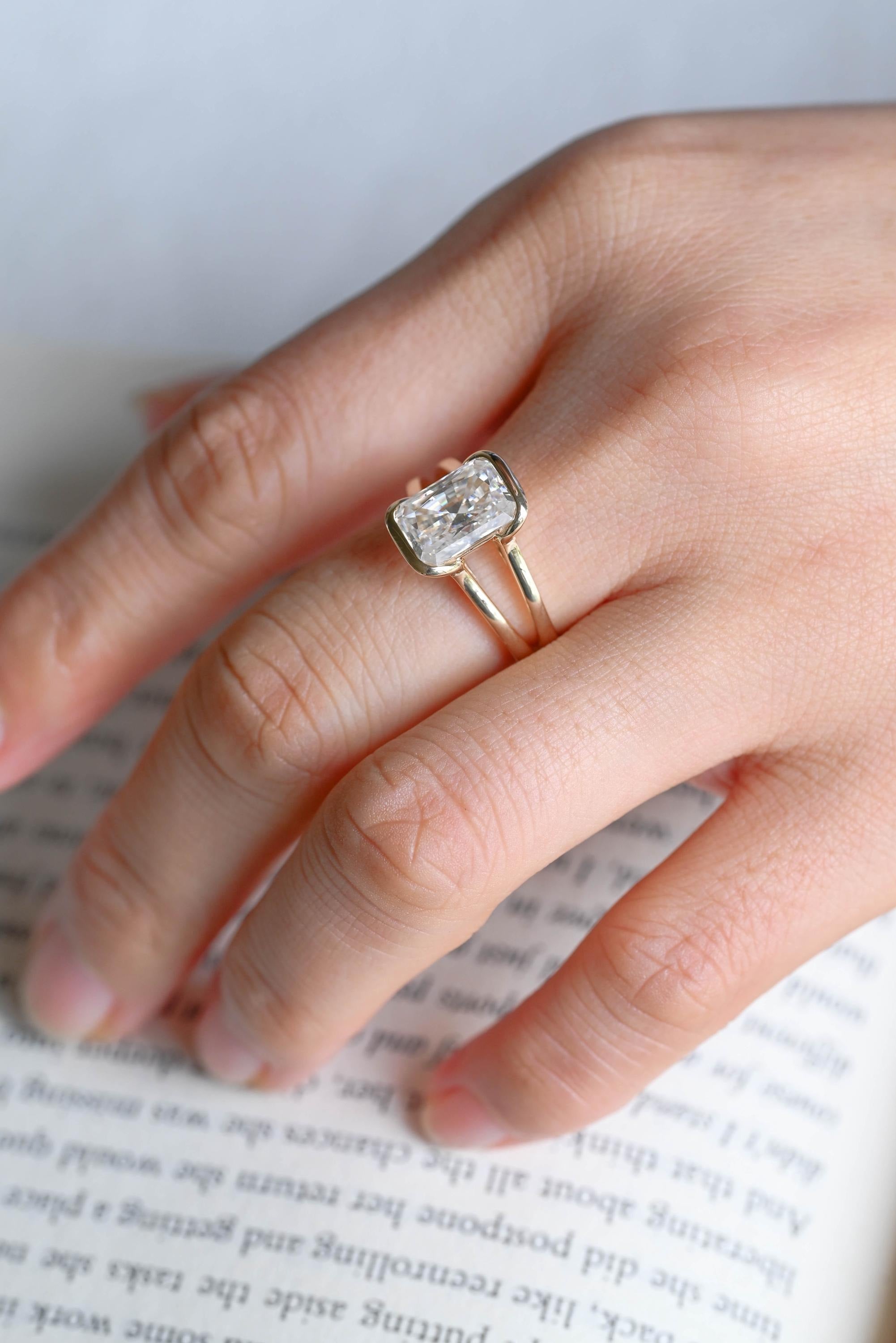 Solid Gold Radiant Cut Moissanite Bezel Engagement Ring, Split Shank Ring,