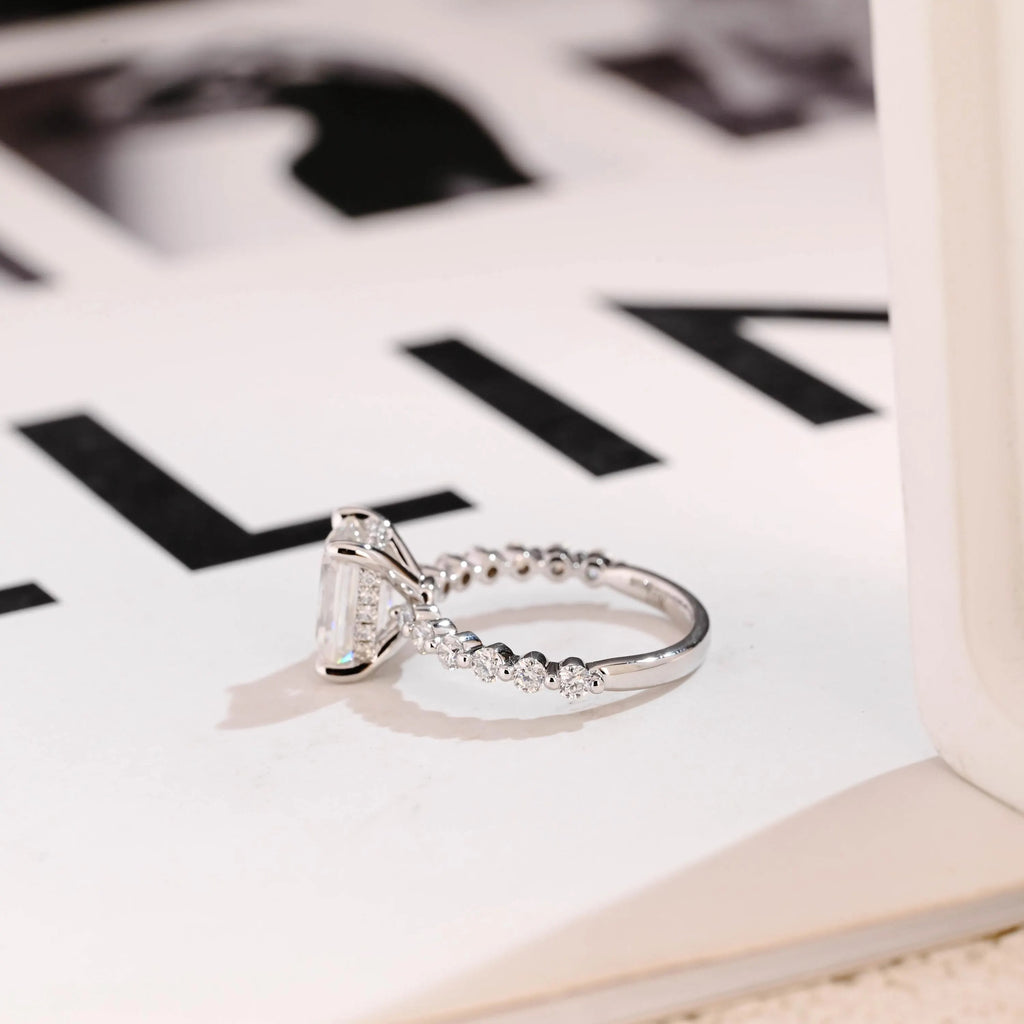Solid Gold Emerald Cut Moissanite Engagement Ring, Half Eternity & Hidden Halo Promise Ring