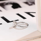Solid Gold Emerald Cut Moissanite Engagement Ring, Half Eternity & Hidden Halo Promise Ring