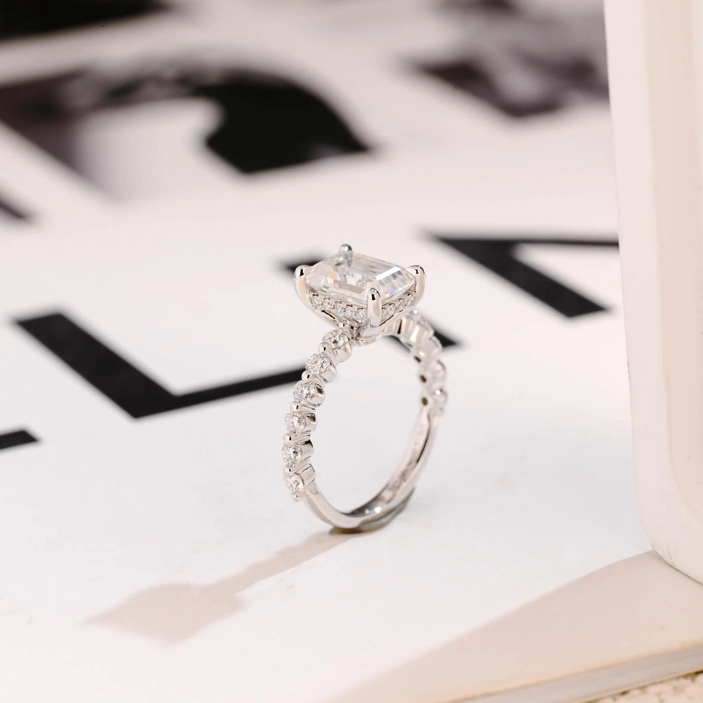 Solid Gold Emerald Cut Moissanite Engagement Ring, Half Eternity & Hidden Halo Promise Ring