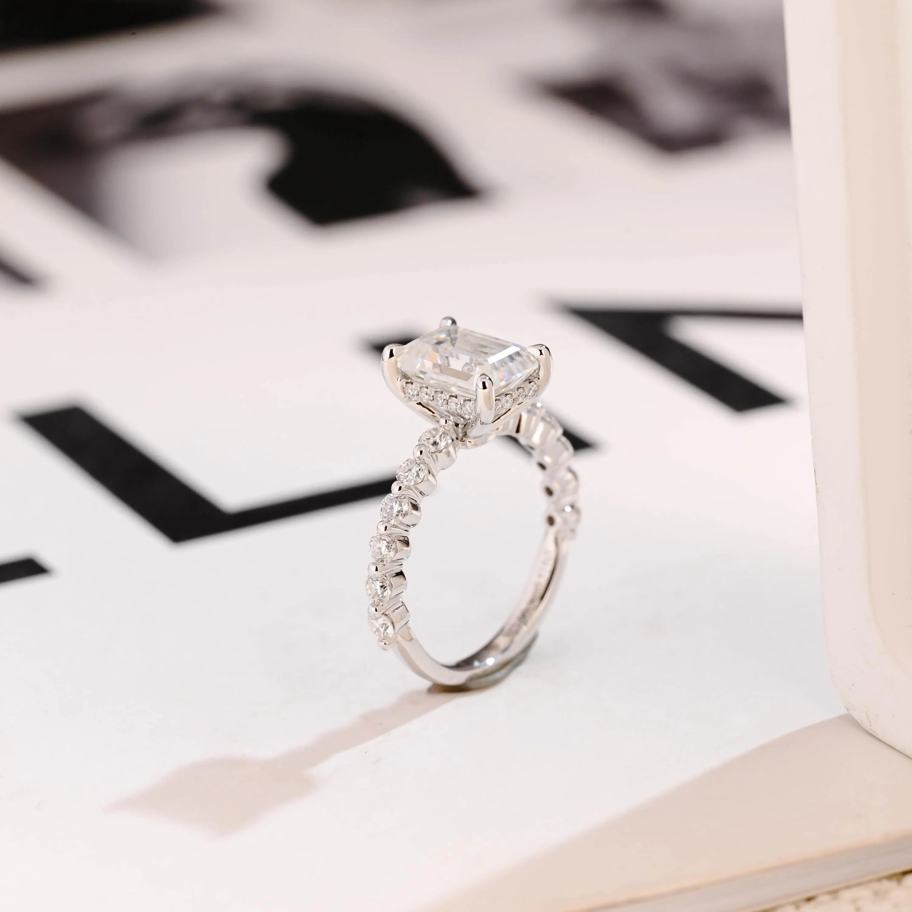 Solid Gold Emerald Cut Moissanite Engagement Ring, Half Eternity & Hidden Halo Promise Ring