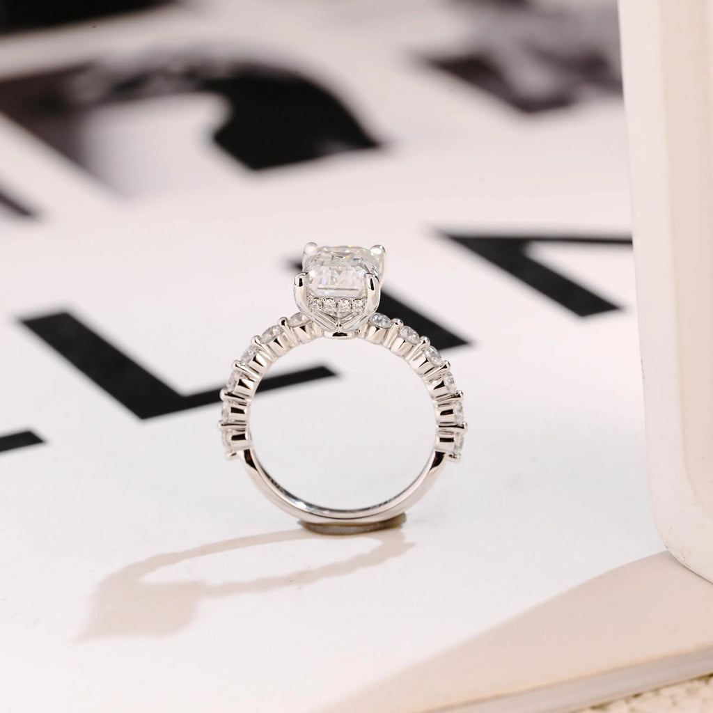 Solid Gold Emerald Cut Moissanite Engagement Ring, Half Eternity & Hidden Halo Promise Ring