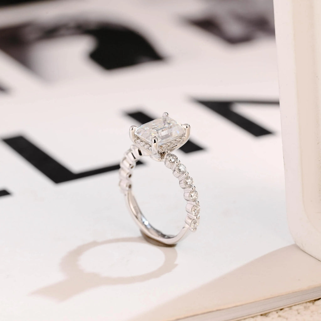 Solid Gold Emerald Cut Moissanite Engagement Ring, Half Eternity & Hidden Halo Promise Ring