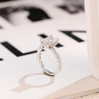 Solid Gold Emerald Cut Moissanite Engagement Ring, Half Eternity & Hidden Halo Promise Ring