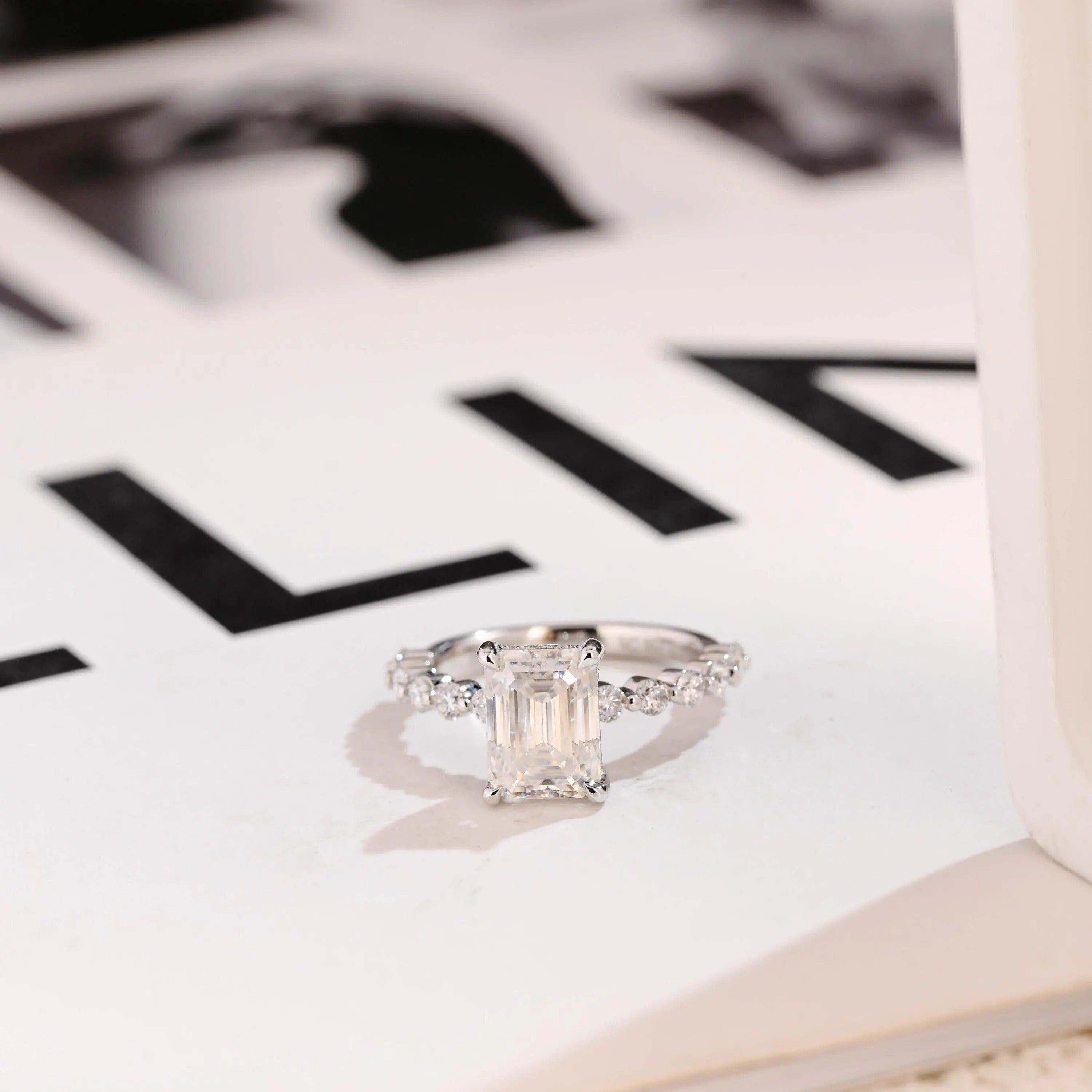 Solid Gold Emerald Cut Moissanite Engagement Ring, Half Eternity & Hidden Halo Promise Ring Main image