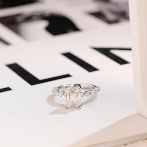Solid Gold Emerald Cut Moissanite Engagement Ring, Half Eternity & Hidden Halo Promise Ring