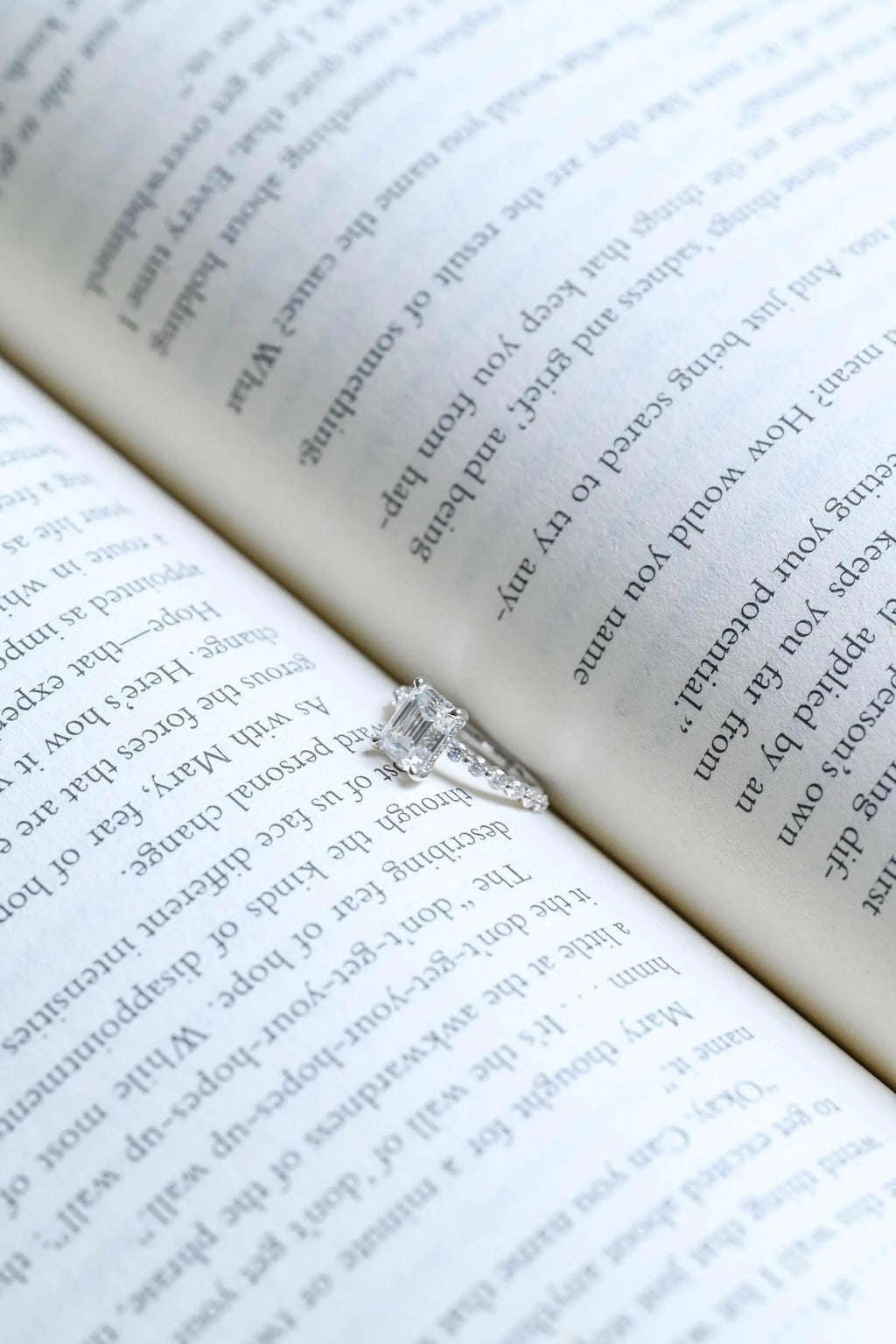 Solid Gold Emerald Cut Moissanite Engagement Ring, Half Eternity & Hidden Halo Promise Ring