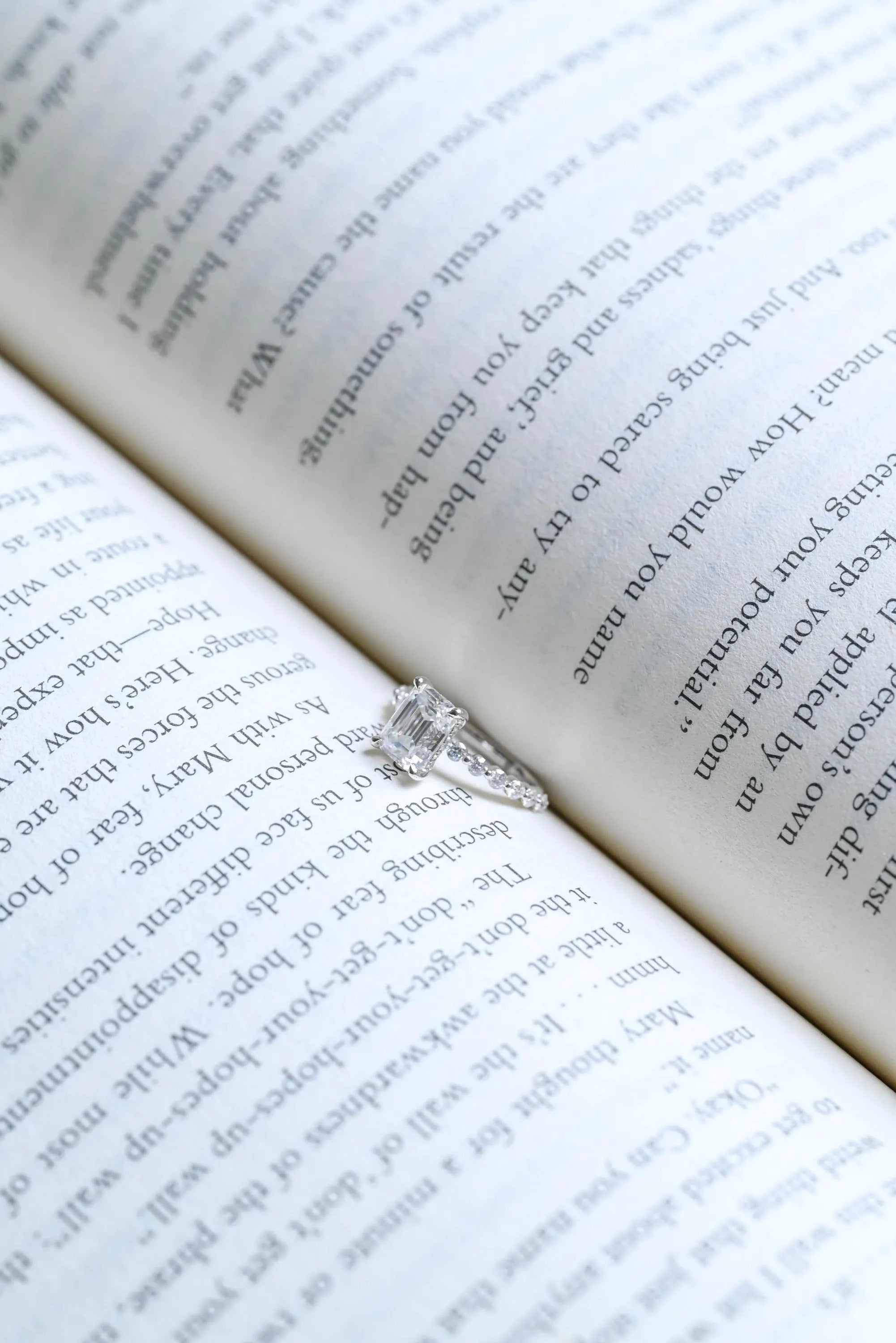 Solid Gold Emerald Cut Moissanite Engagement Ring, Half Eternity & Hidden Halo Promise Ring