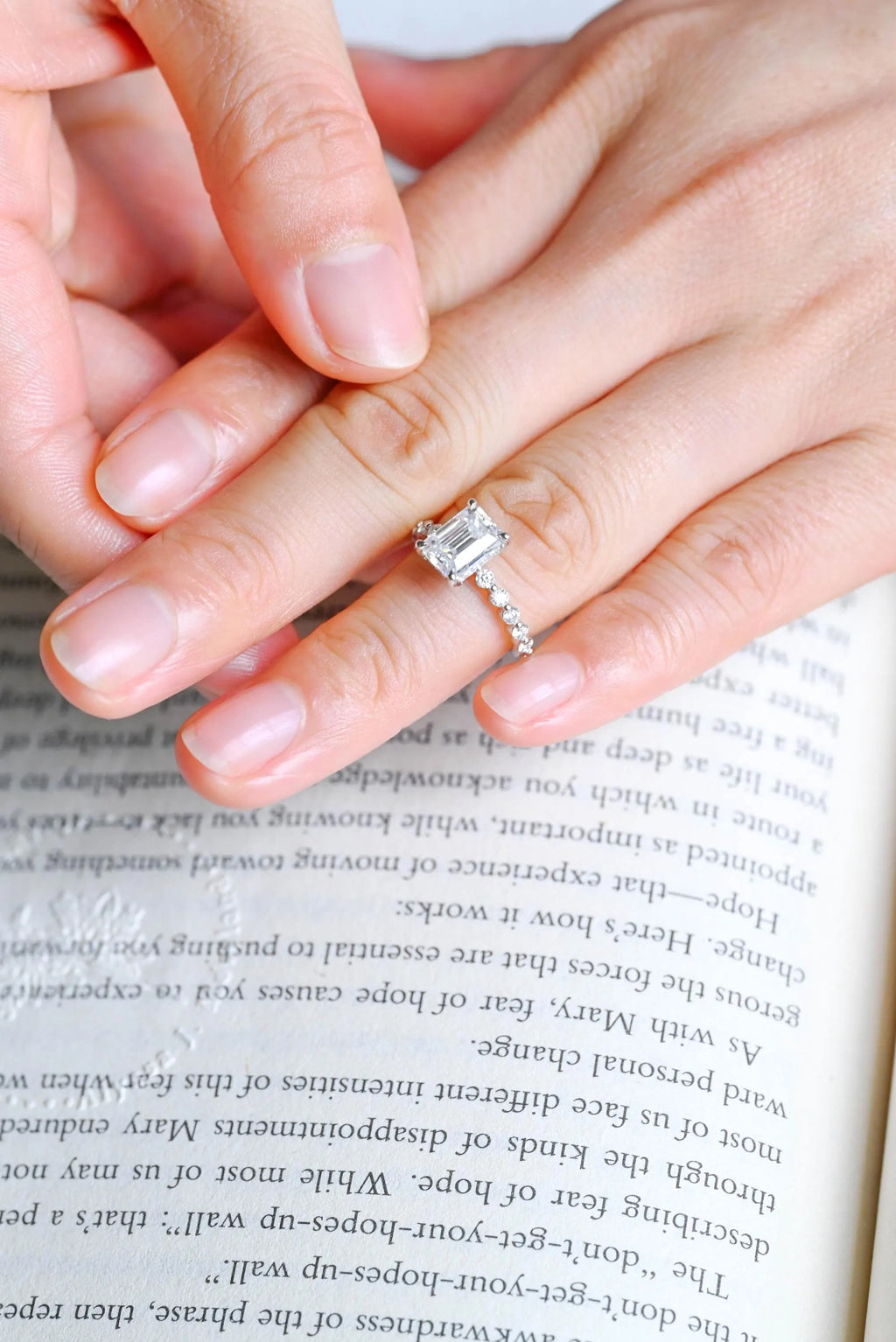Solid Gold Emerald Cut Moissanite Engagement Ring, Half Eternity & Hidden Halo Promise Ring