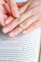 Solid Gold Emerald Cut Moissanite Engagement Ring, Half Eternity & Hidden Halo Promise Ring