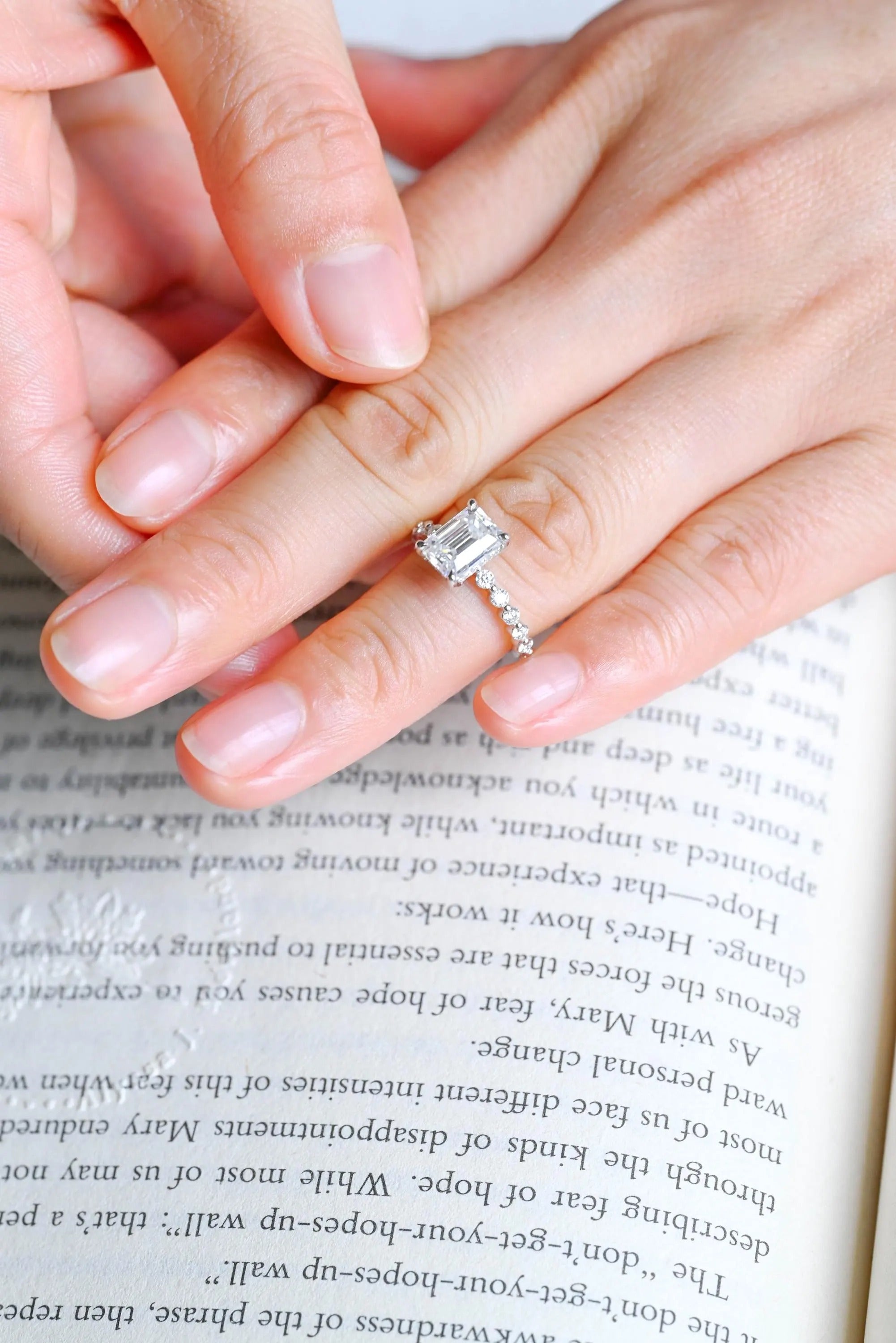 Solid Gold Emerald Cut Moissanite Engagement Ring, Half Eternity & Hidden Halo Promise Ring
