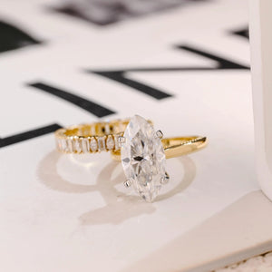 Solid Gold Marquise Cut Moissanite Wedding Band Set