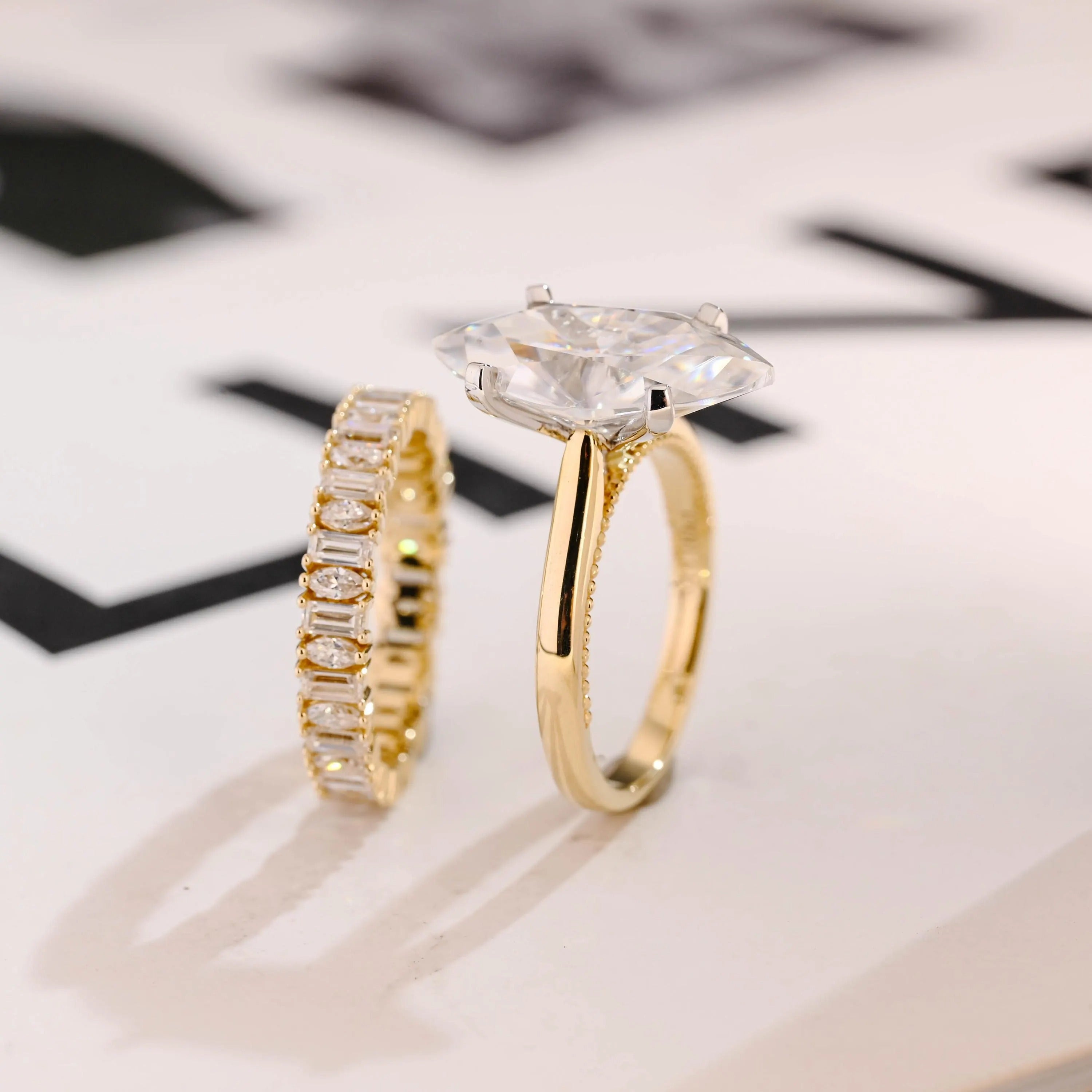 Solid Gold Marquise Cut Moissanite Wedding Band Set