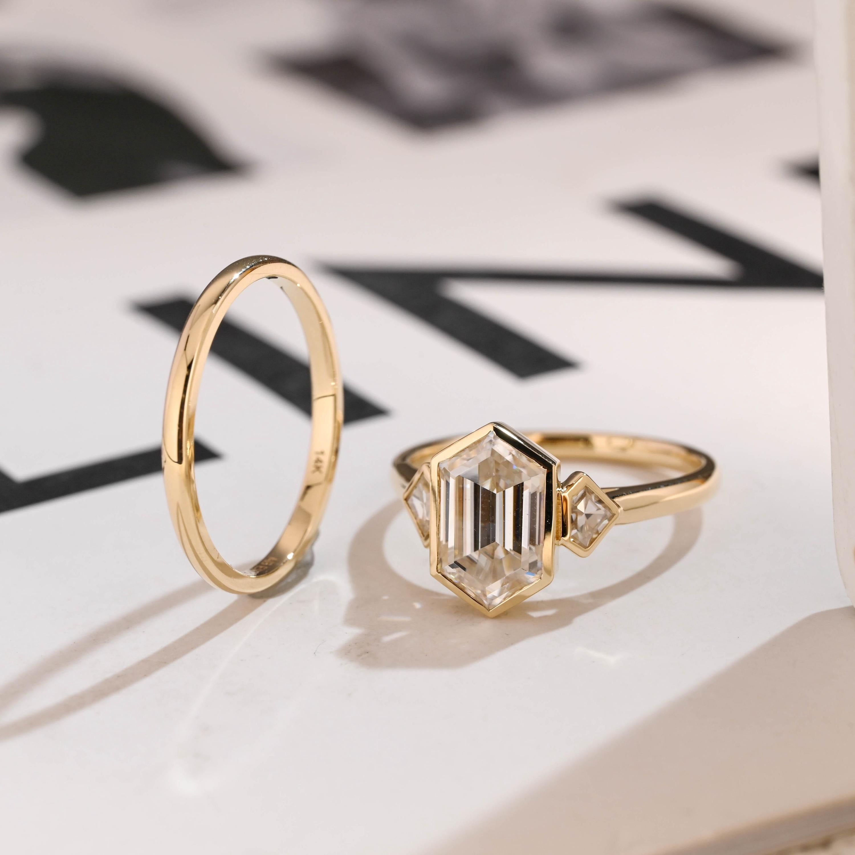 Solid Gold Hexagon Moissanite Engagement Ring Set, Bezel Ring Wedding Band Set