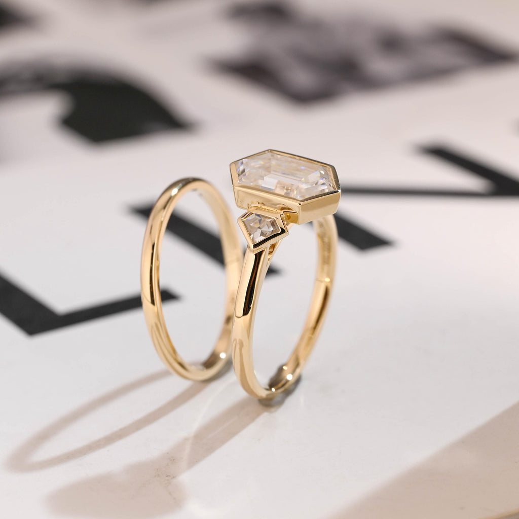 Solid Gold Hexagon Moissanite Engagement Ring Set, Bezel Ring Wedding Band Set